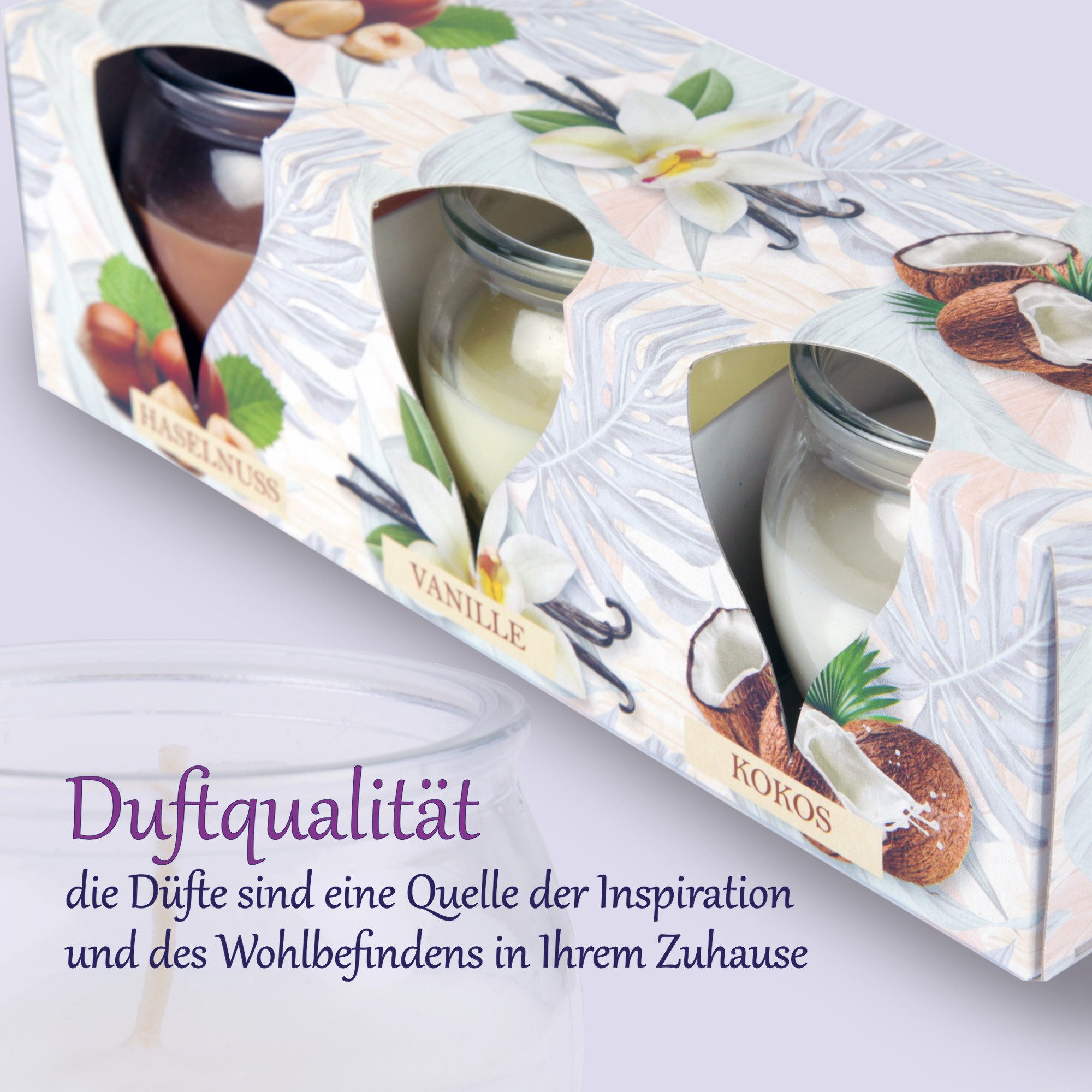 HS Candle Duftkerze Selection Duftmix im Glas (12-tlg), Relax, Duftnote süß-exotisch, Ø6x6cm, 18h, für gemütliche Momente – Bild 4 von 5