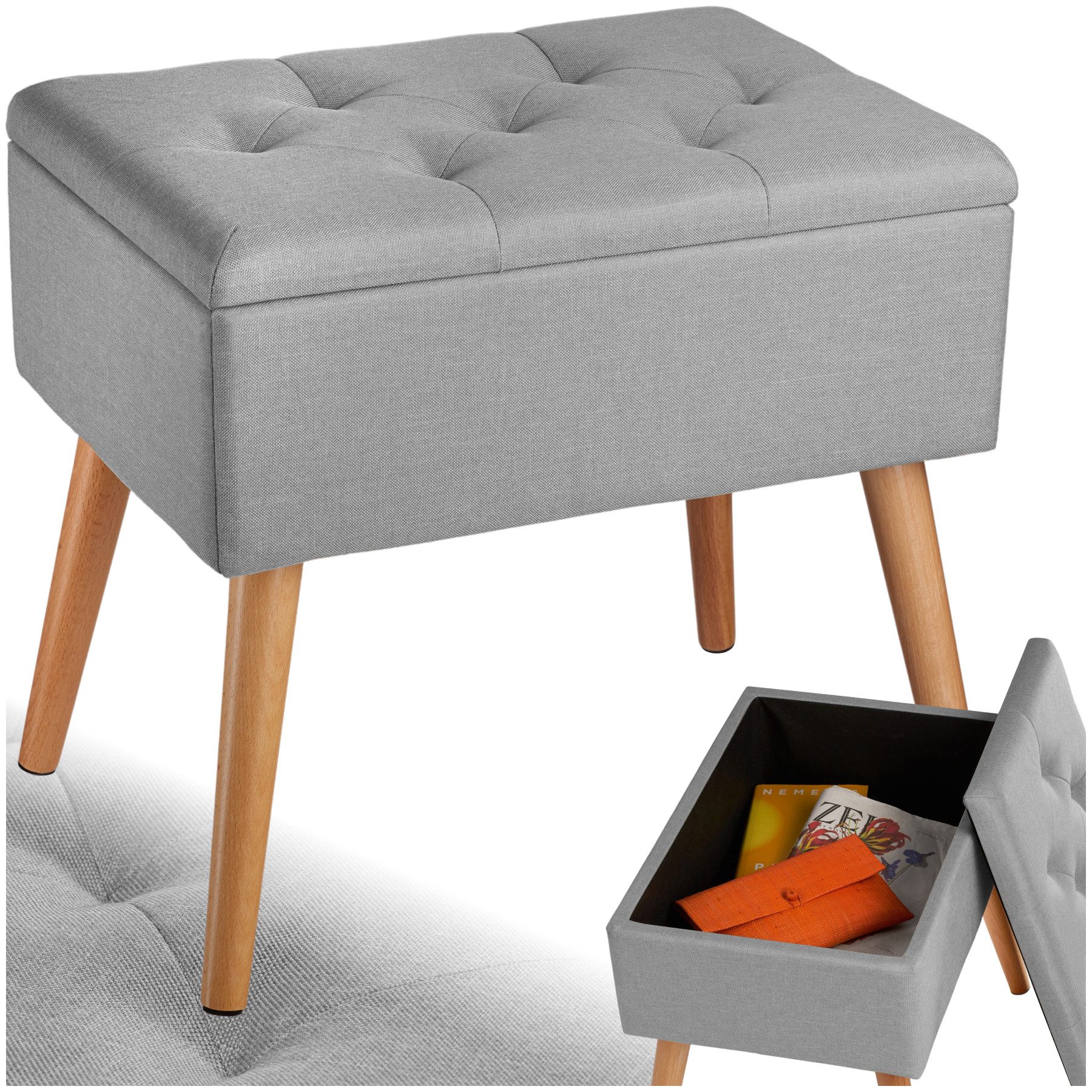 tectake Bank Sitzmöbel, Maße: 51 x 37,5 x 45,5 cm, gepolstert, in Leinenoptik (Esszimmersitz Ranya, in hellgrau), Mit großem Staufach, Holzbeine mit Filzgleitern, Belastbarkeit 300 kg