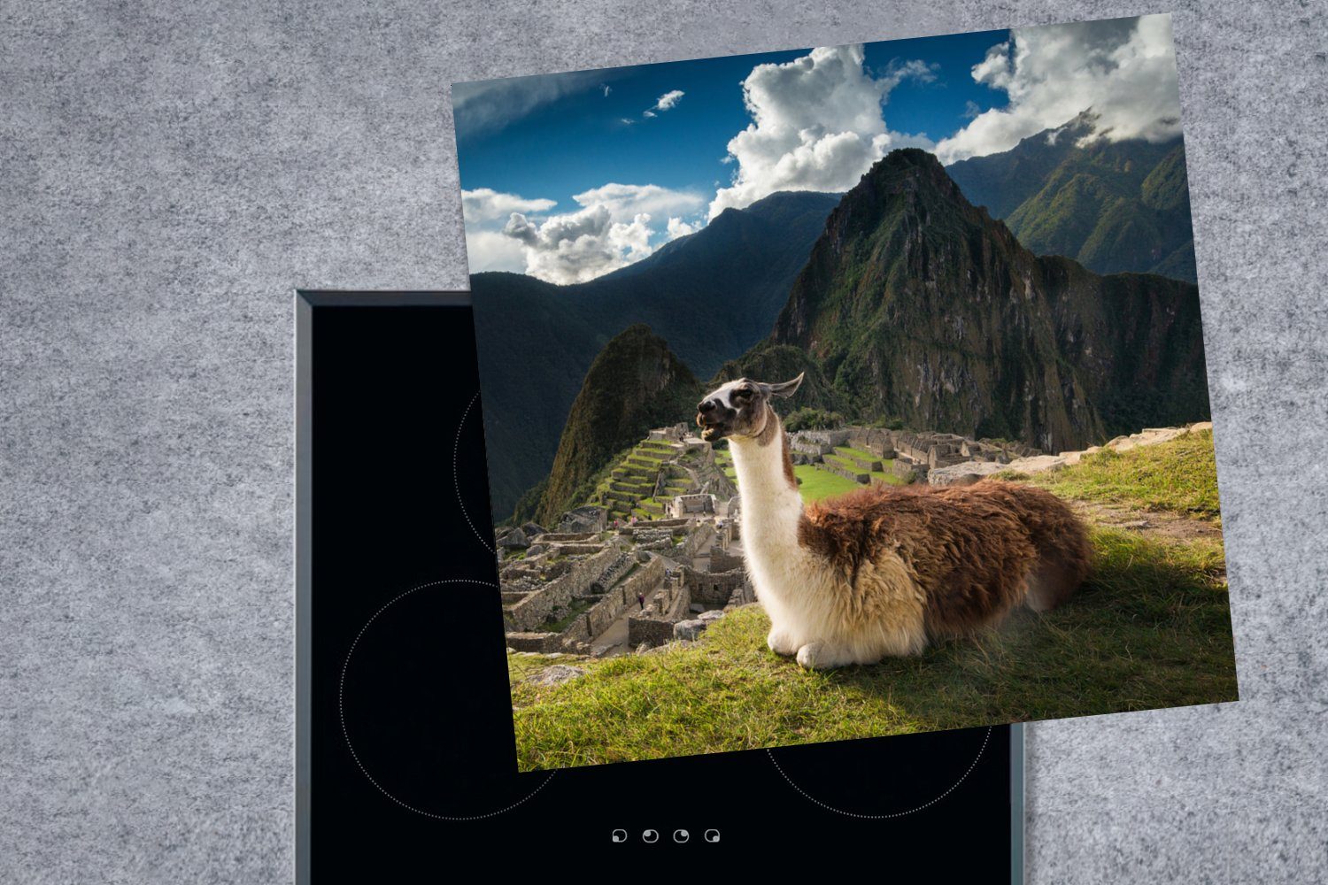 MuchoWow Herdblende-/Abdeckplatte Peru Vinyl, Machu für Picchu 78x78 Arbeitsplatte - tlg), küche - Alpaka, (1 Ceranfeldabdeckung, cm