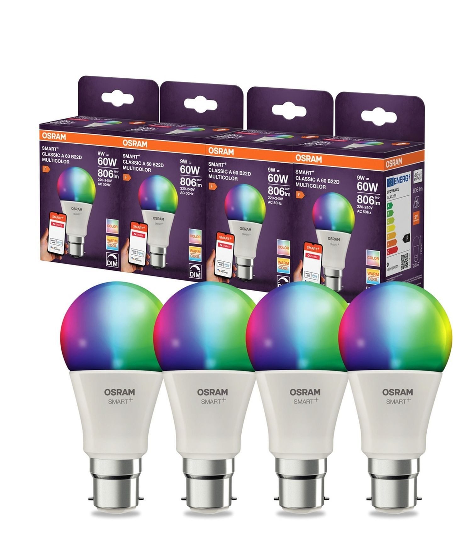 Licht-Erlebnisse LED-Leuchtmittel LAMP, B22d, Smarte Lampe B22d 4er Set RGB CCT 806 lm dimmbar Zigbee via App