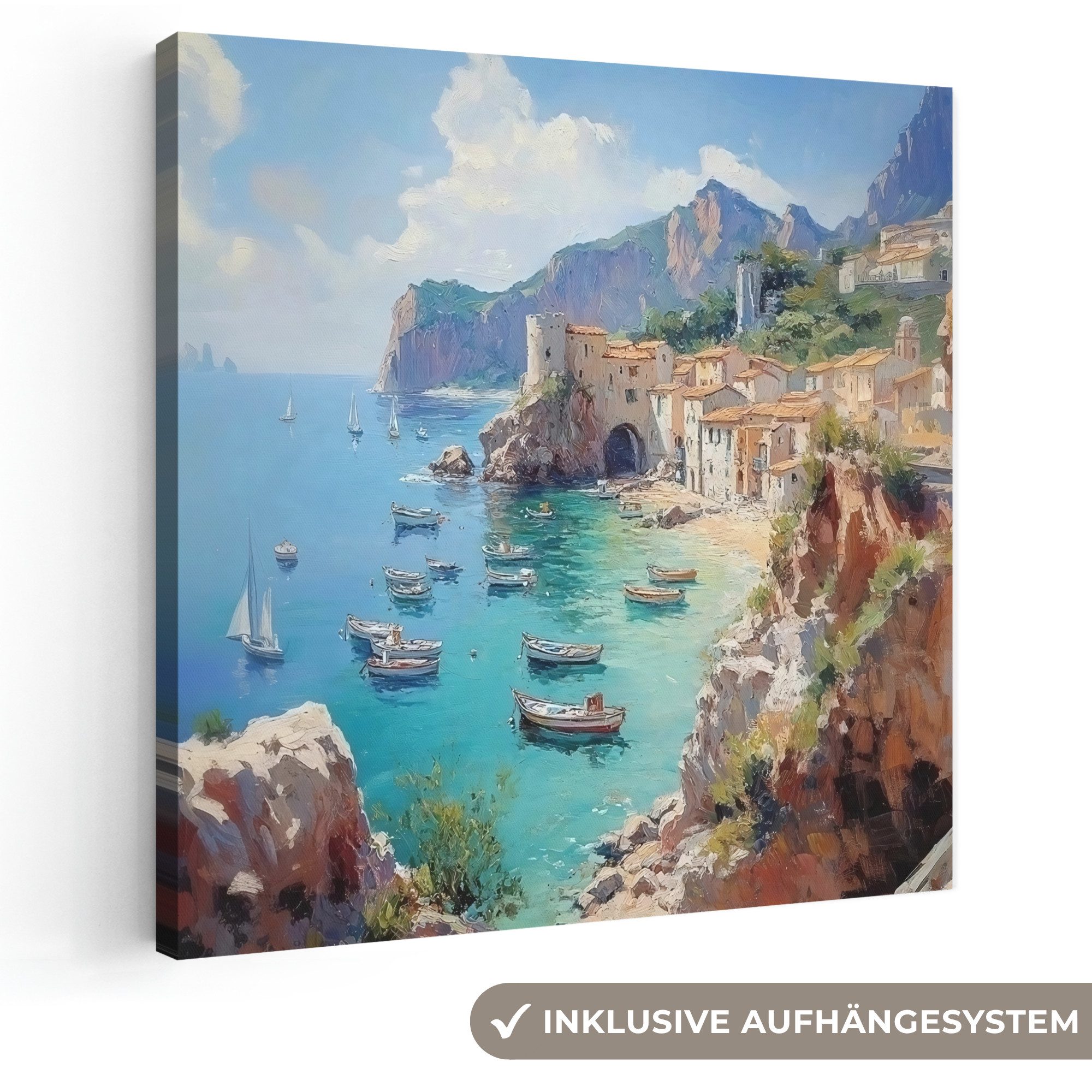 OneMillionCanvasses® Leinwandbild Küstendorf - Malerei - Felsen - Boote, Fotodruck (1 St), Wandbild, Deko Schlafzimmer Wohnzimmer Flur 20x20 cm
