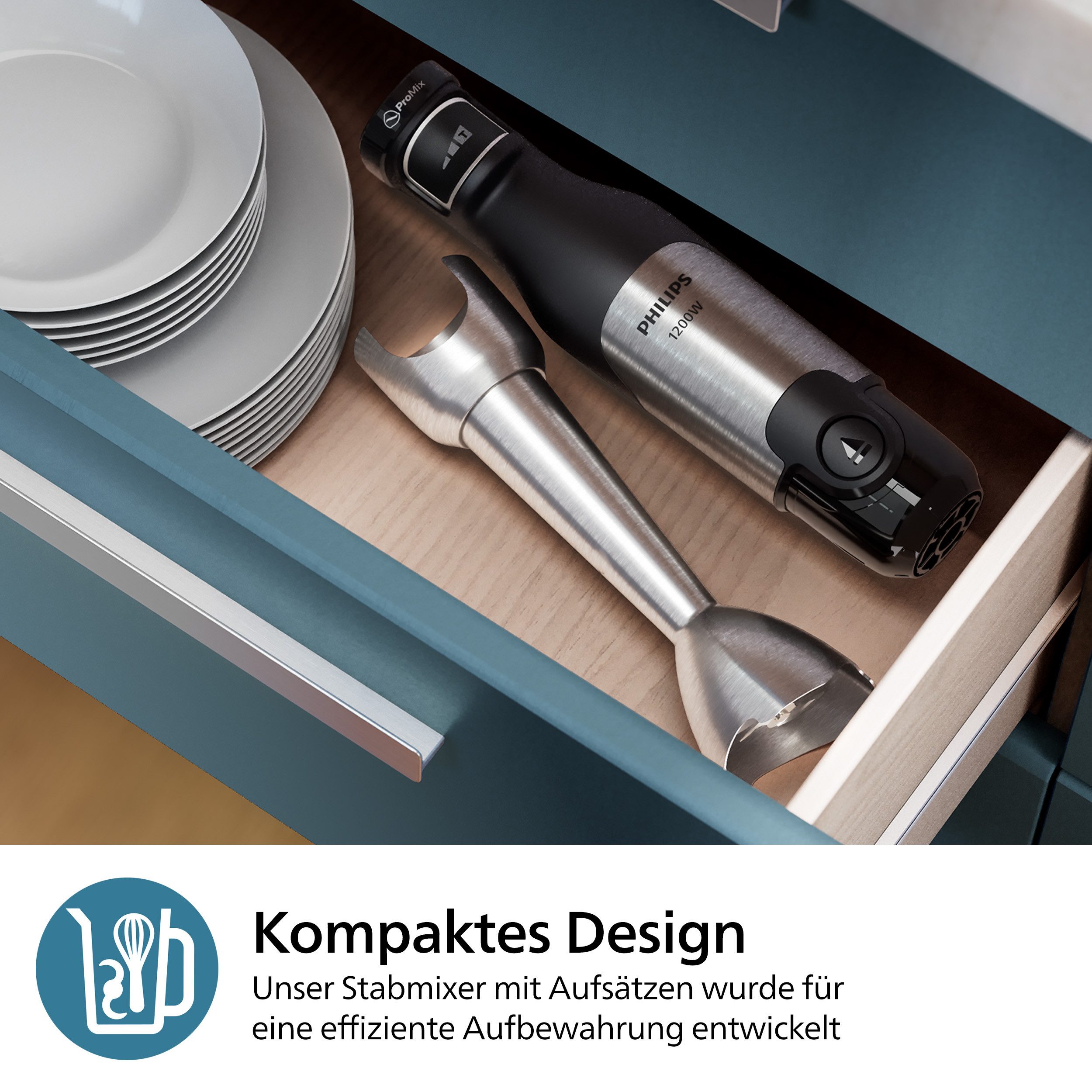 Philips Stabmixer HR2685/00 5000 Series, mit ProMix-Technologie, Becher, 1200 W, Schneebesen, Foodprozessoraufsatz und Zerkleinerer; Edelstahl/Schwarz