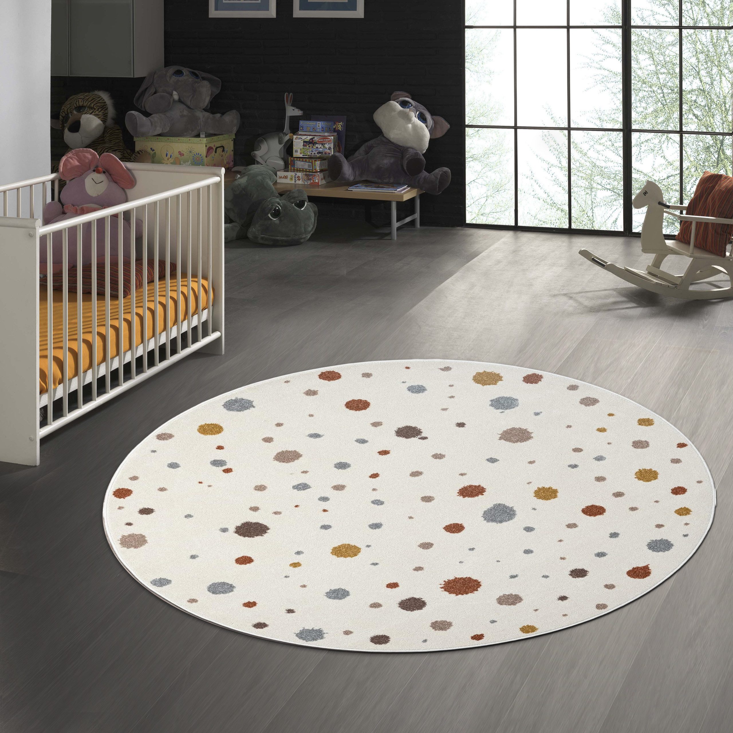 TeppichHome24 Kinderteppich Cremefarbener Teppich mit Farbklecksen in Braun- und Grautönen, rund