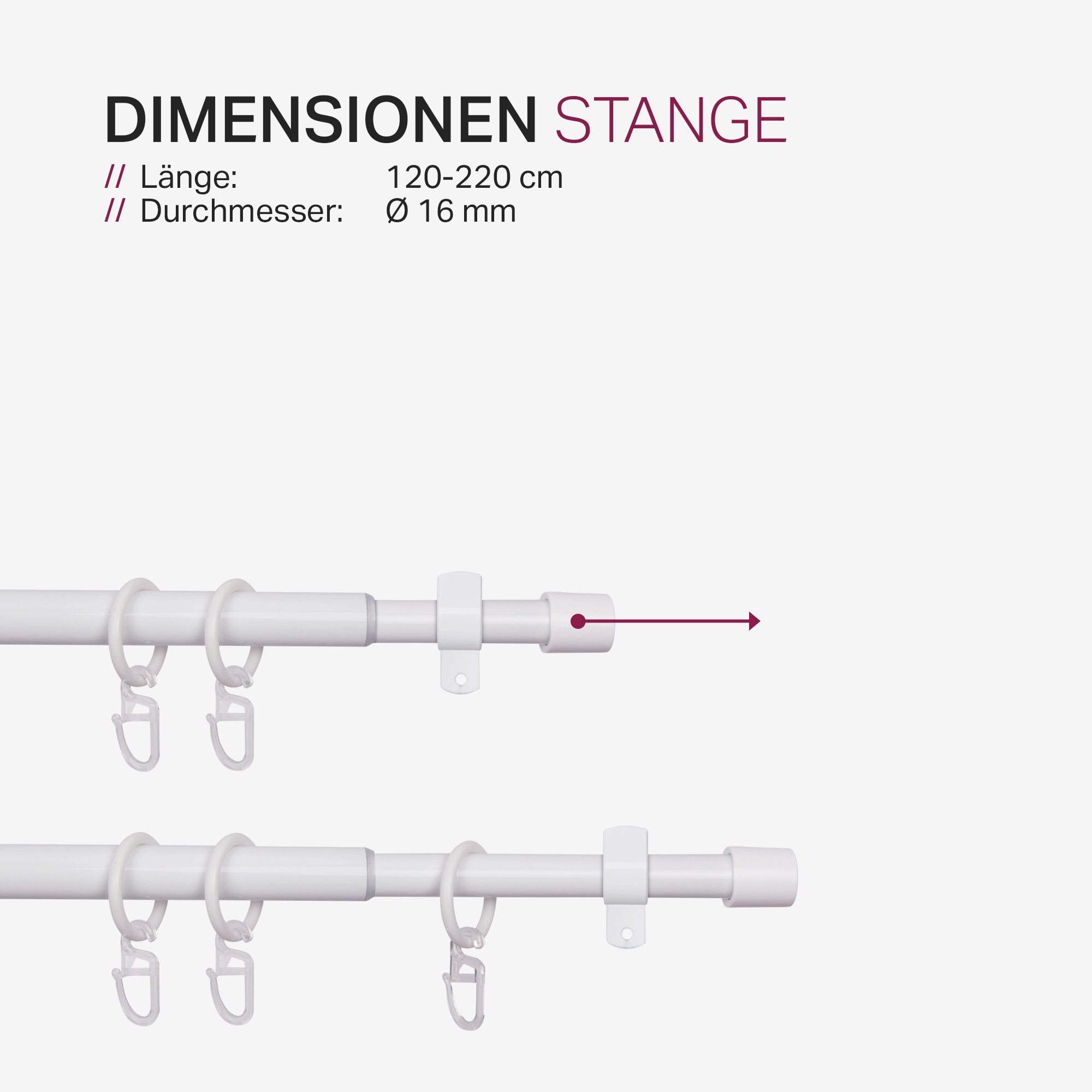 Gardinenstange Stilgarnitur, Bestlivings, Ø 16 Faltlegehaken 120-220cm mm, ausziehbar, Metall, Ringe Weiß Vorhangstange Wandträger, inkl. verschraubt, mit