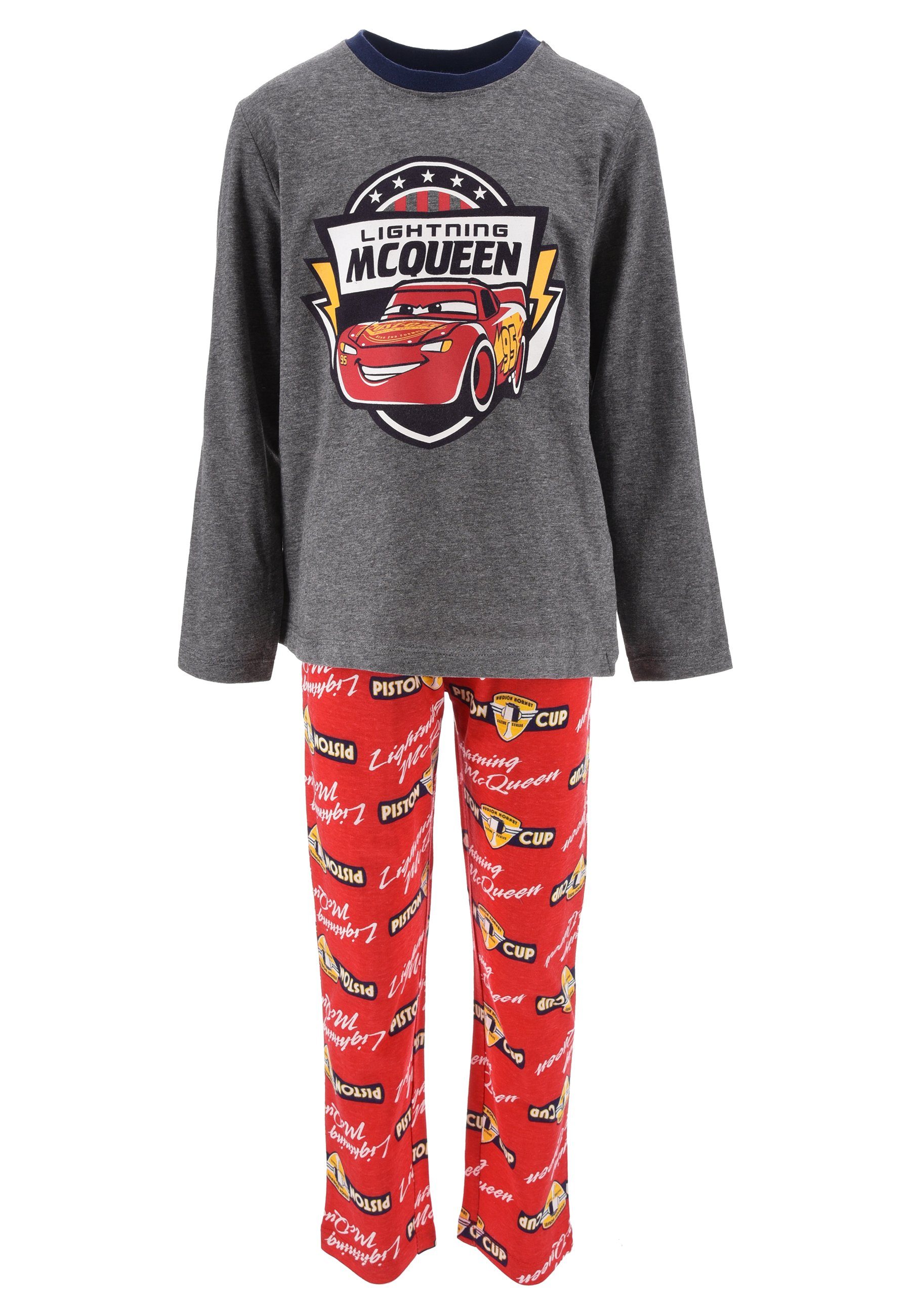 (2 tlg) Schlafanzug Cars Disney + Kinder Pyjama Schlafanzug Langarm-Shirt Grau Jungen Schlaf-Hose