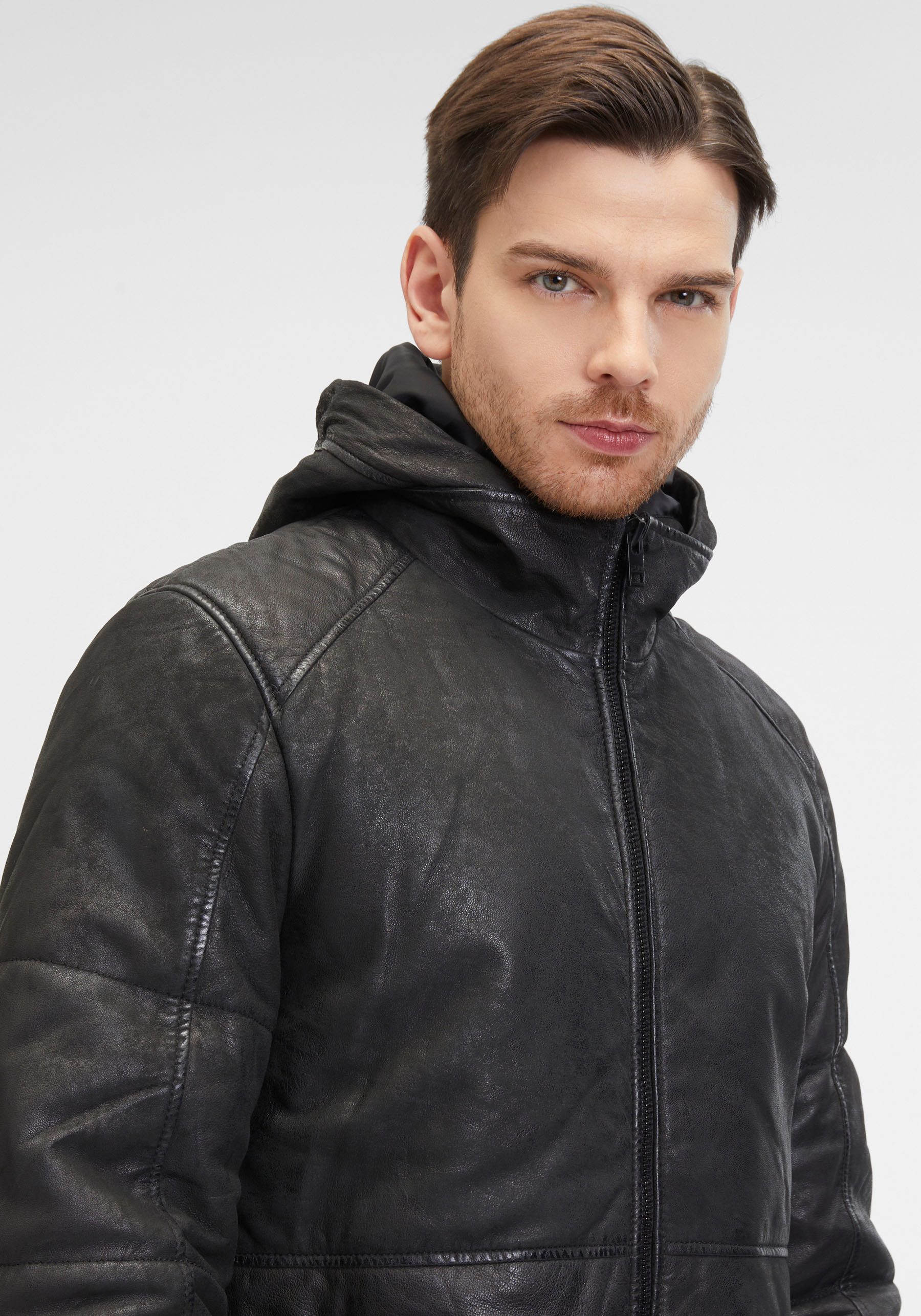 Mauritius Lederjacke G2MAbito OS mit Kapuze, Reißverschluss, Raglanärmeln, Wattierung
