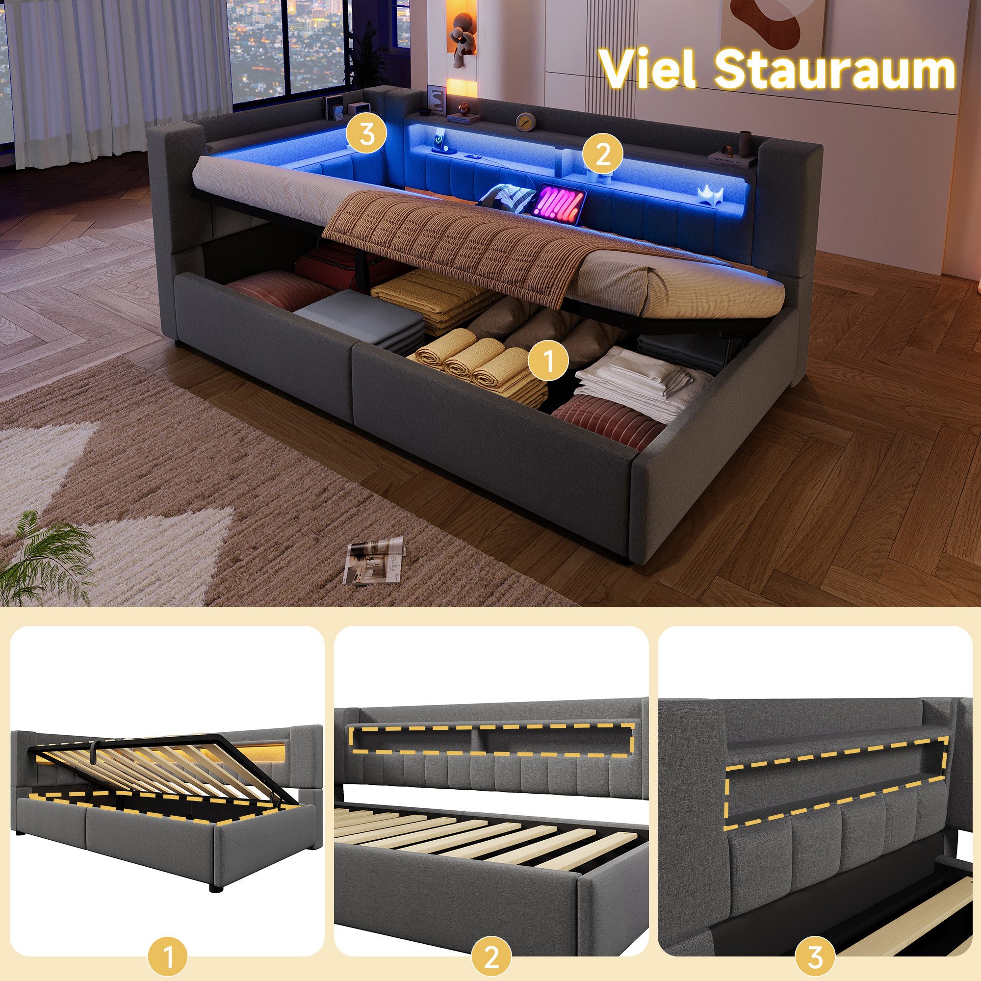 Odikalo Schlafsofa Schlafcouch 90x200 140x200 mit LED und Bettkasten, Hydraulische Lagerungt, Mit USB Typ-C Ladefunktion, LED-Beleuchtung,Sofabett, Einzelbett,  – Bild 4 von 5