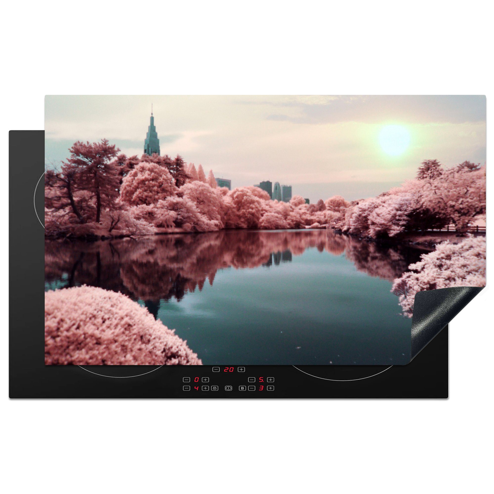 MuchoWow Herdblende-/Abdeckplatte Park in Tokio, Japan, mit See, umgeben von Sakura-Bäumen mit, Vinyl, (1 tlg), 83x51 cm, Ceranfeldabdeckung, Arbeitsplatte für küche