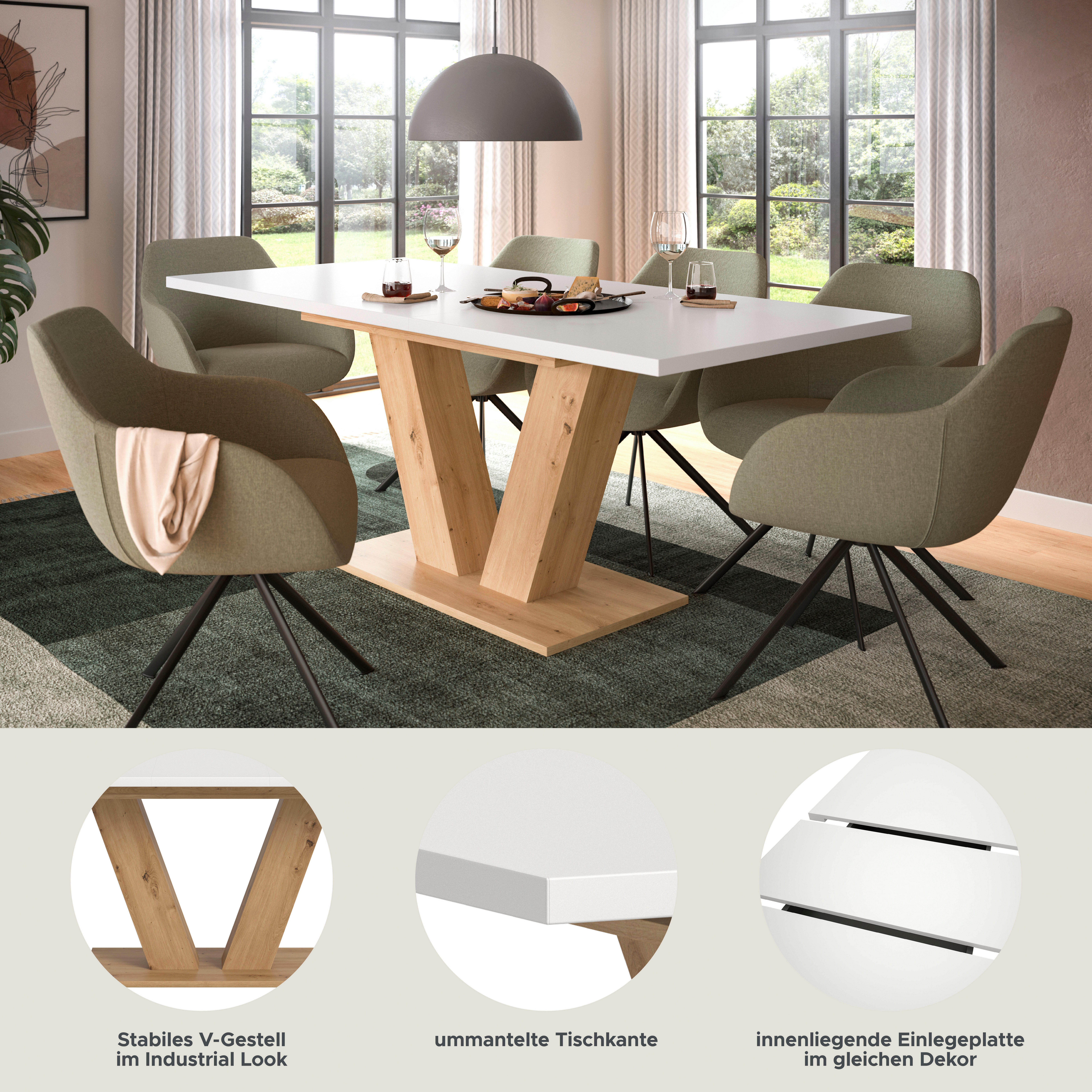 Home affaire Esstisch Motus, ausziehbar 150 -190 cm, inklusive 40 cm Einlegeplatte (Set, 1-St), V-Gestell mit Bodenplatte, Tisch, Küchentisch, Esszimmer, Küche