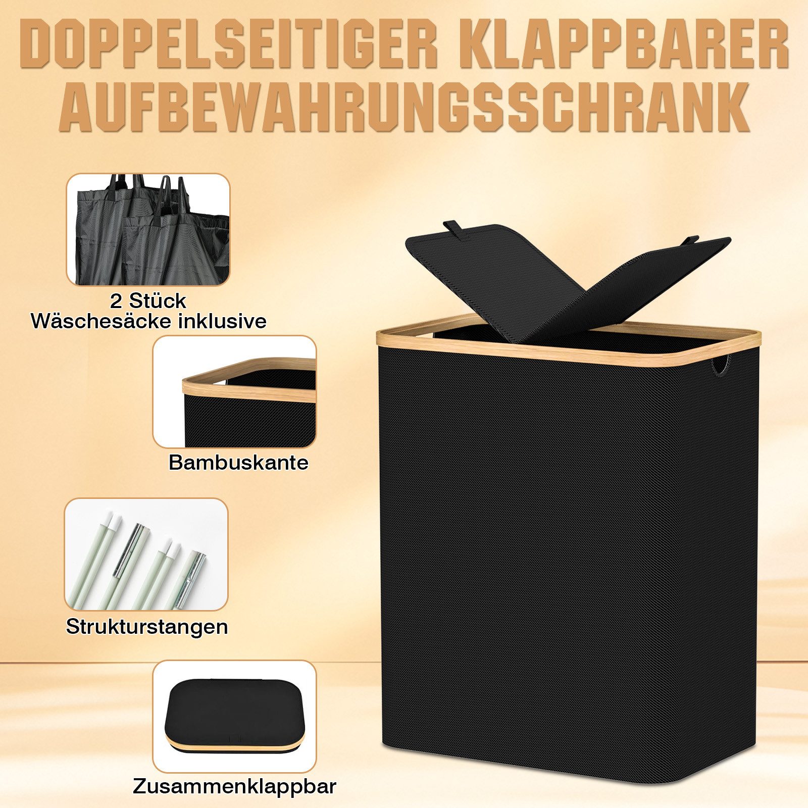 skelo Wäschekorb 160L Wäschekorb mit zweiteiligem Deckel, Abnehmbare Wäschesack (1 St., Innentaschen + Wäschekorb), 2 fächer, Wäschesammler mit Deckel und Griff, 57 x 37 x 75 cm