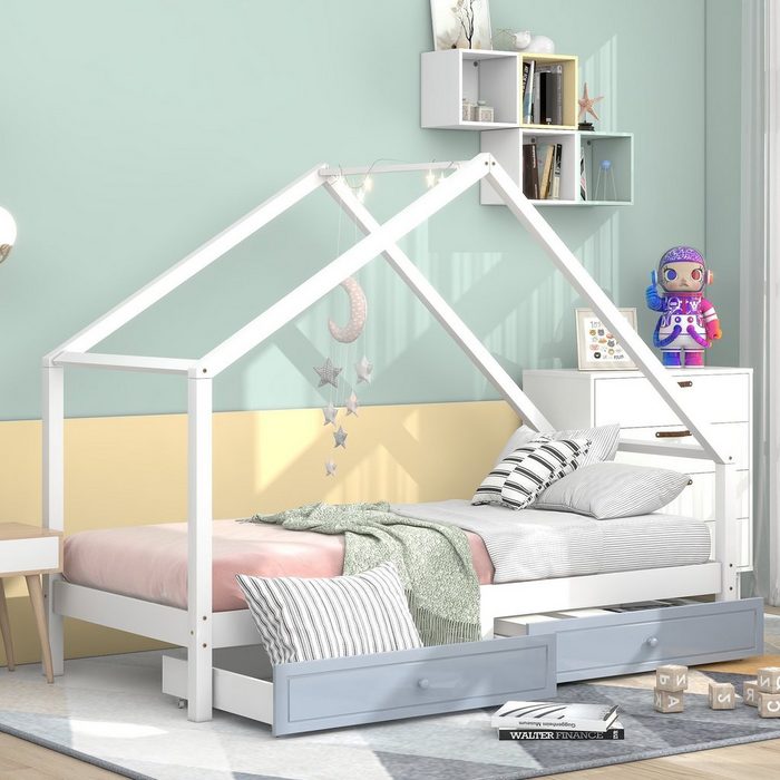SOFTWEARY Kinderbett Hausbett mit 2 Schubladen und Rollrost (90x200 cm) Einzelbett Holzbett aus Kieferholz Jugendbett