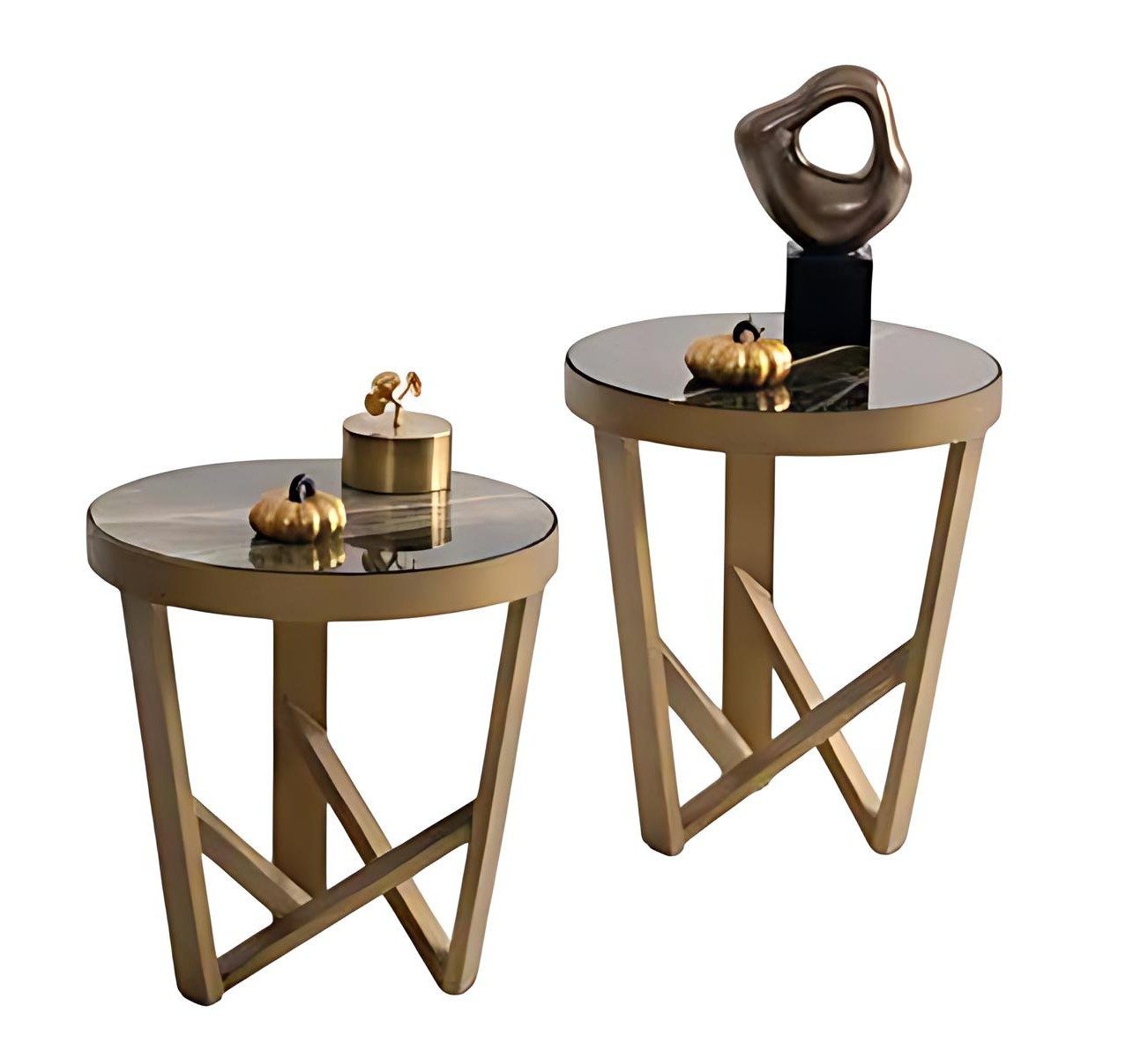 Xlmoebel Satztisch Konsolentisch aus Metall in Gold mit Marmorimitation (Beistelltisch-Set, 2-St., 2er Set), Made in Europa