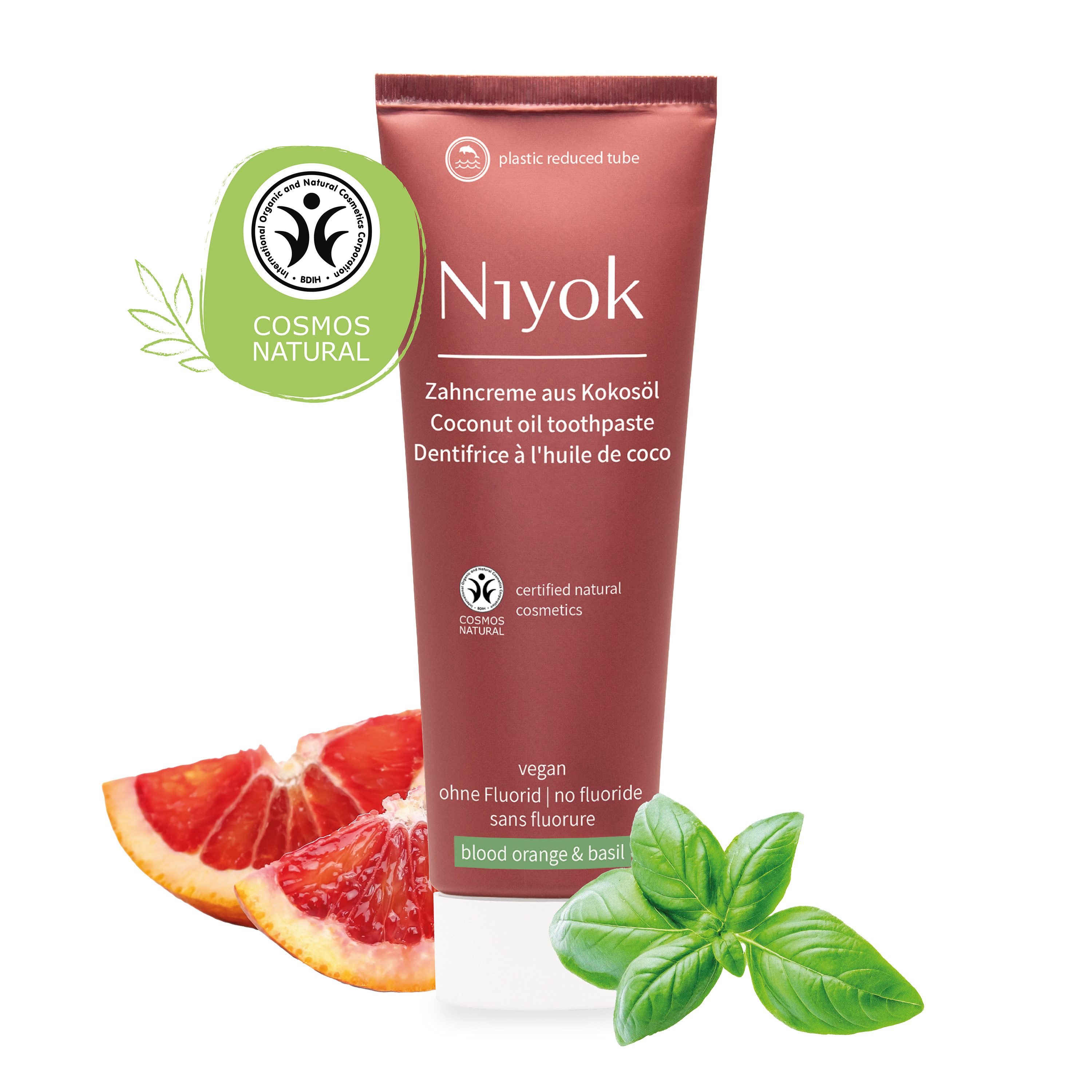 Niyok Zahnpasta aus Bio Kokosöl Ohne Fluorid & Vegan für Intensive Pflege & Frische, Blutorange & Basilikum (blood orange & basil)