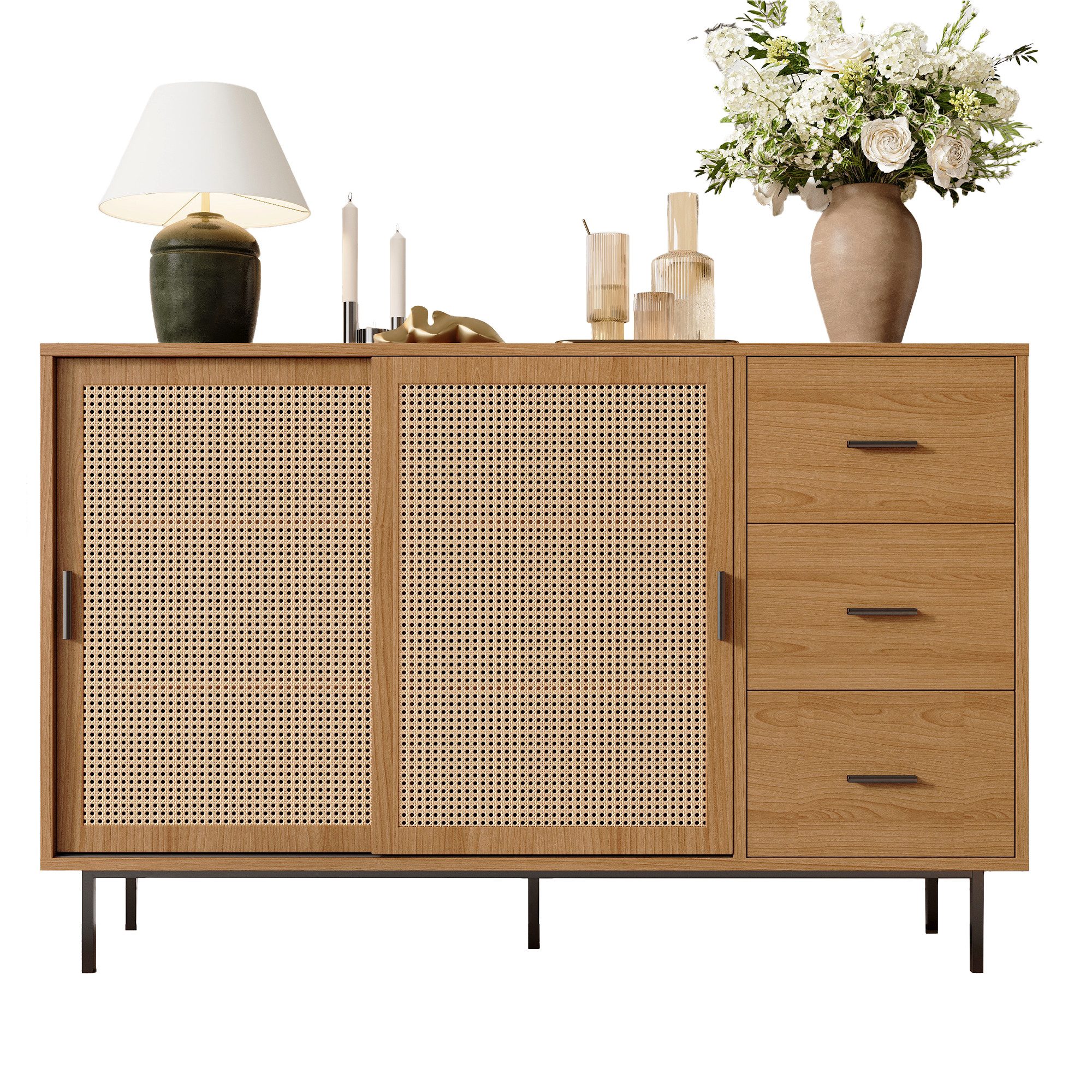 OKWISH Sideboard mit Stauraum und Schiebetüren (Sideboard Landhausstil mit Rattan-Schiebetüren, 3 Schubladen & verstellbaren Einlegeböden), für Wohnzimmer, Esszimmer