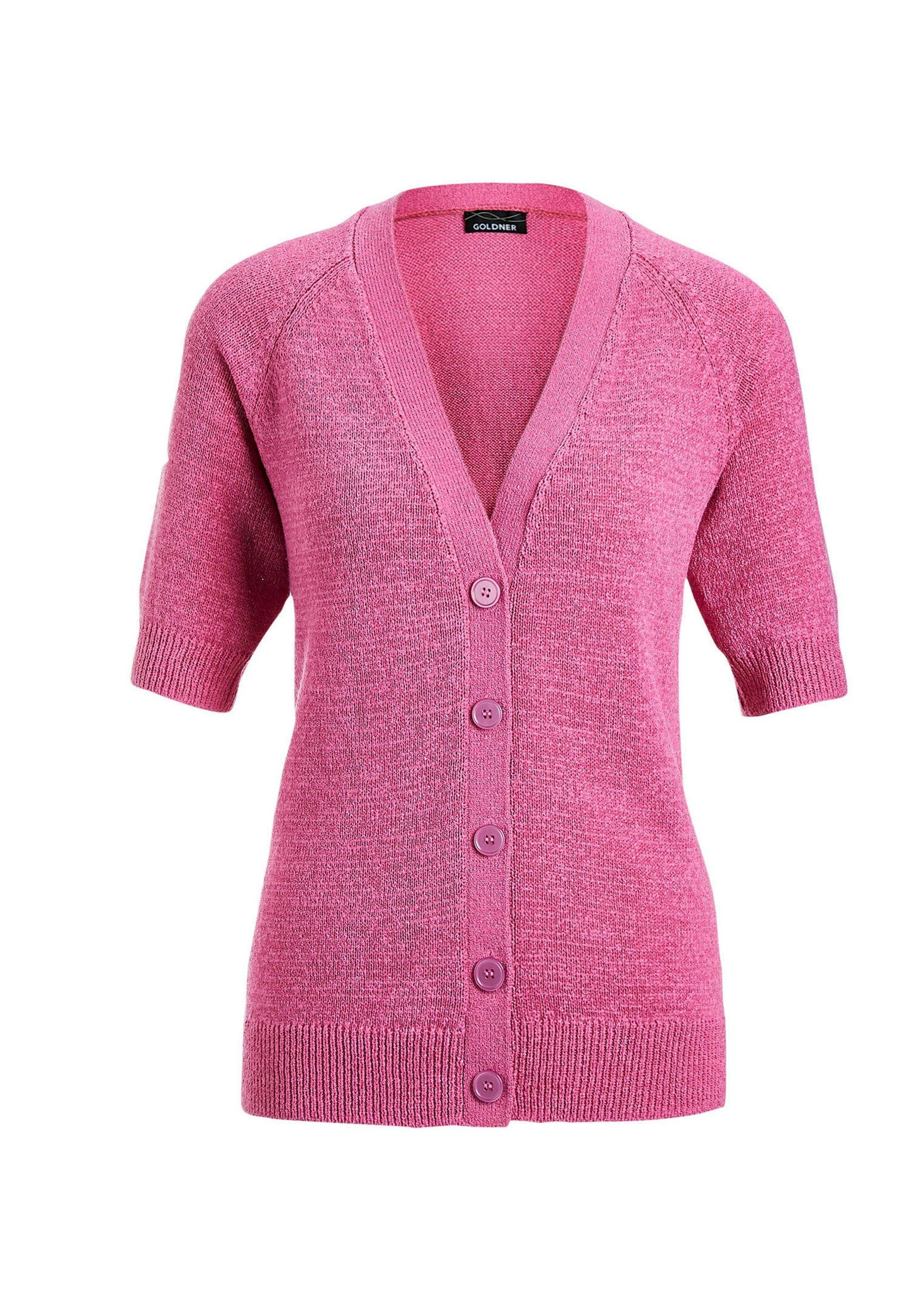 GOLDNER Strickjacke Damen Cardigan in Pink, Halbarm Kurzarm Jäckchen gestrickt, V-Ausschnitt, Raglanärmeln