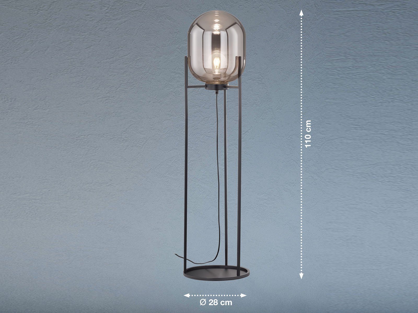 FISCHER & HONSEL LED Stehlampe mit Rauchglas Lampenschirm, Höhe 110cm, Dimmfunktion, LED wechselbar, Warmweiß, klein-e Industrial Style Bodenlampe dimmbar, Steh – Bild 4 von 5