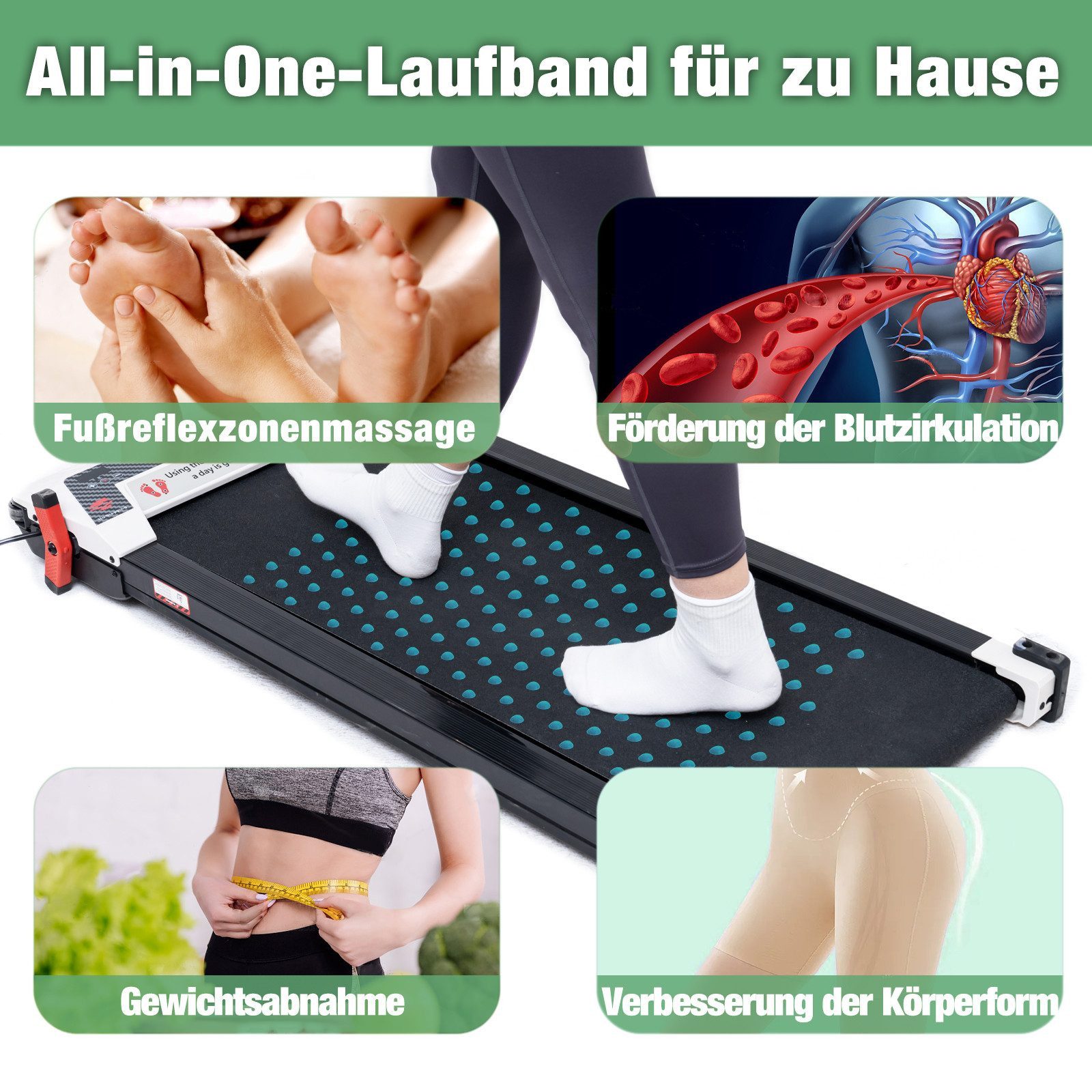 CITYSPORTS Laufband Heim-Laufbänder mit Steigung, beidseitig, mit Fußmassagematte-Funktion (Mit Tools und Schmiermitteln), 440W Bürstenloser Motor, 1-6KM/H, max. Last 120KG, Walking/Jogging Pad