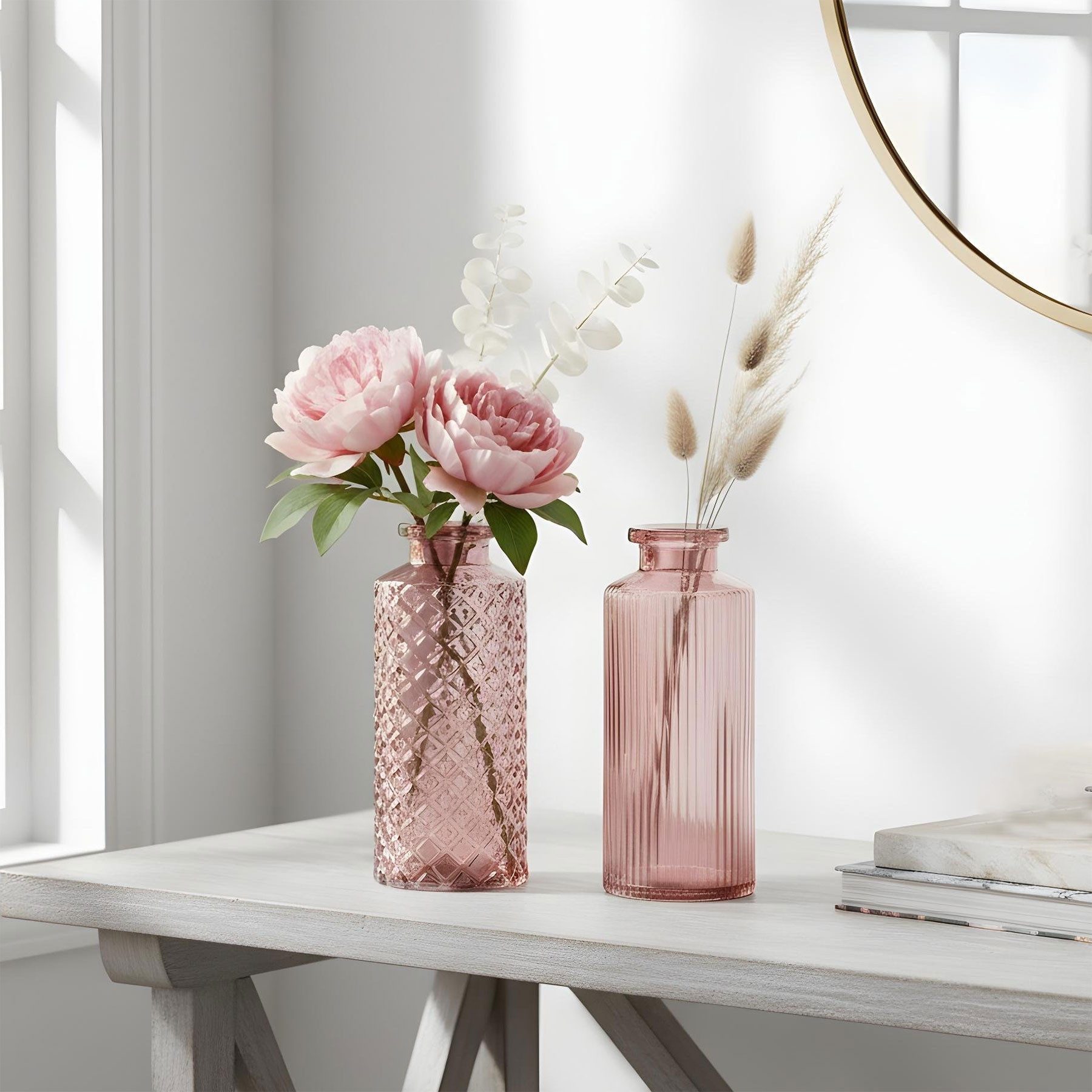 Levandeo® Dekovase, 2er Set Vase Rosa H14cm Glas Blumenvase Tischdeko Frühling