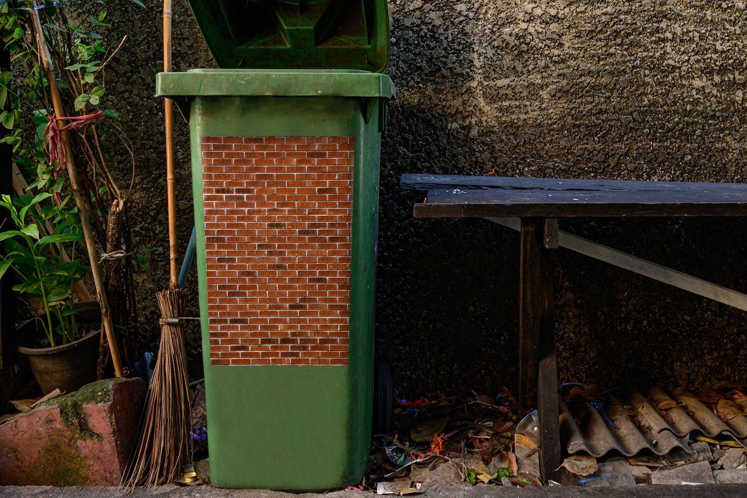 MuchoWow Wand Wandsticker - (1 Mülltonne, Container, Abfalbehälter Muster St), Ziegel Mülleimer-aufkleber, - Sticker,