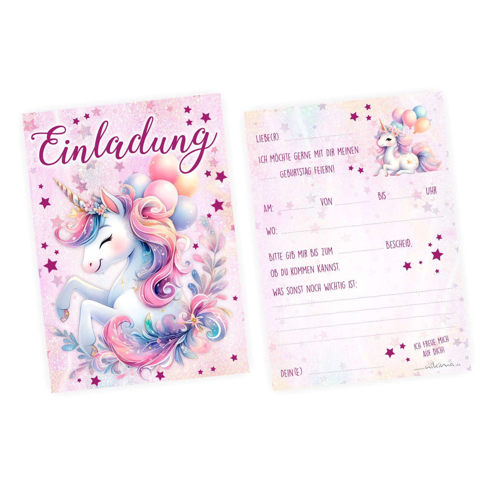 nikima Einladungskarten 10 Einladungskarten Einhorn mit Glitzer für Kindergeburtstag