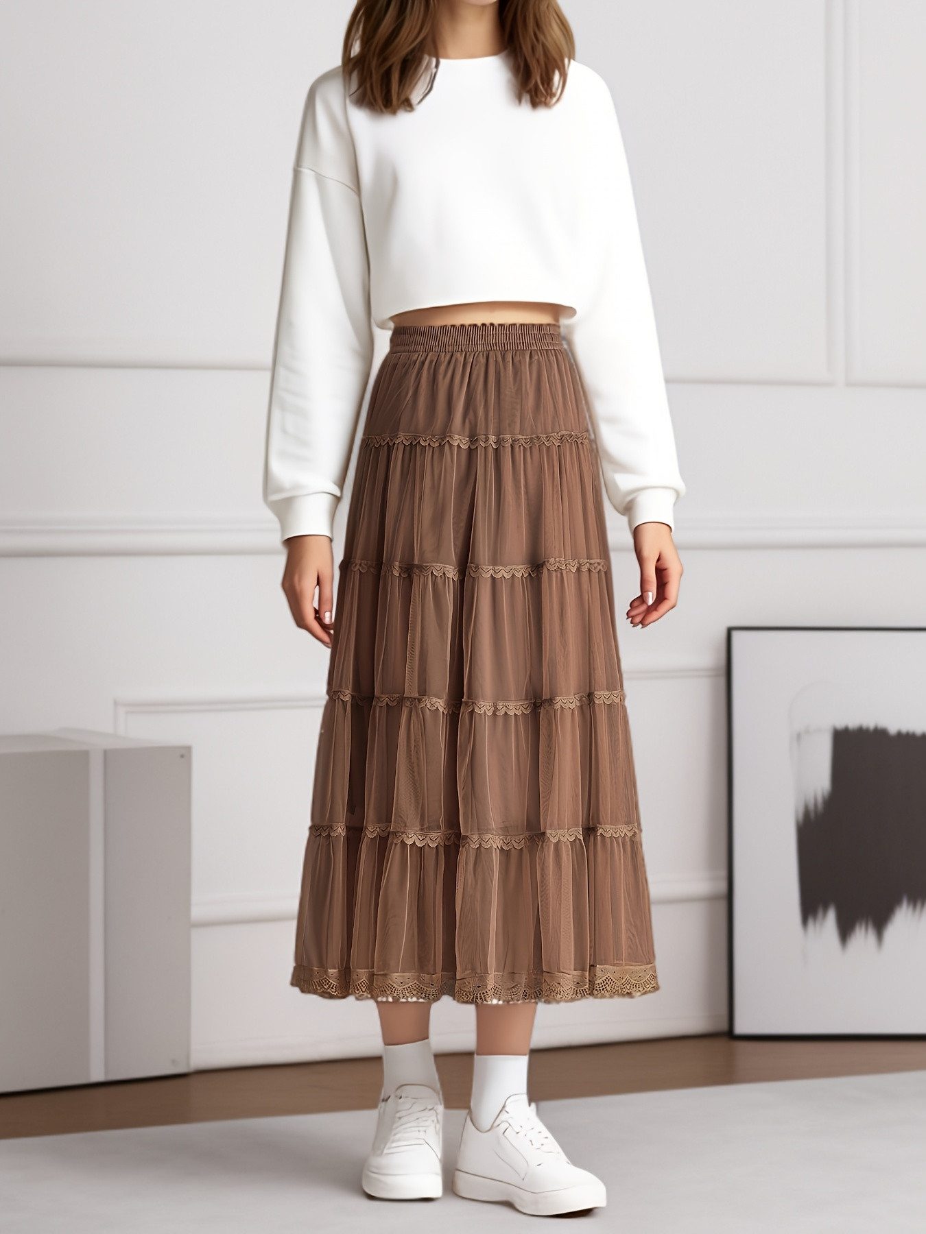 Meshrock Damen Frühling Herbst geschichteter Tüll-Tortenrock, High Waist