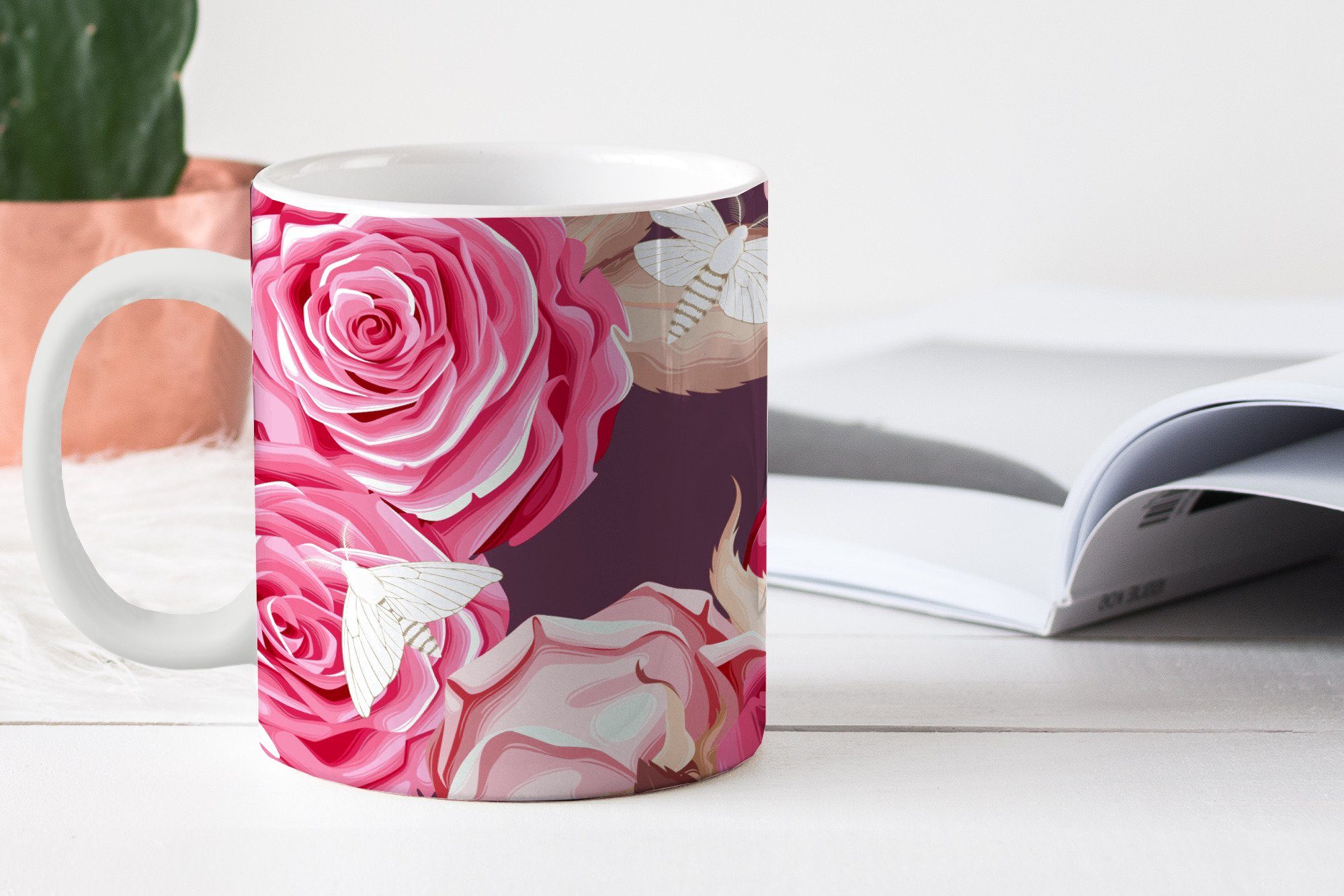 Keramik, MuchoWow - Geschenk Tasse Teetasse, Becher, Teetasse, - Schmetterlinge Rosen Kaffeetassen, Rosa,