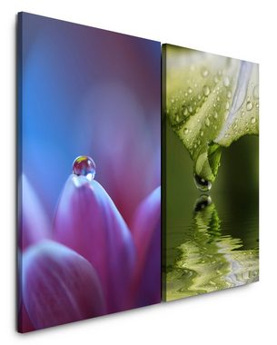 Sinus Art Leinwandbild 2 Bilder je 60x90cm Wasserperle Blüten grünes Blatt positive Energie Meditation Beruhigend Makrofoto