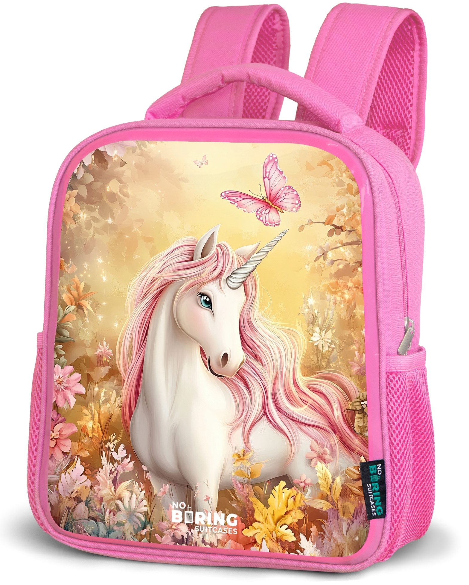 NoBoringSuitcases.com© Rucksack Einhorn - Schmetterling - Rosa - Mähne, Kinderrucksack, Schulrucksack, Freizeitrucksack, Mädchen, Kindergarten
