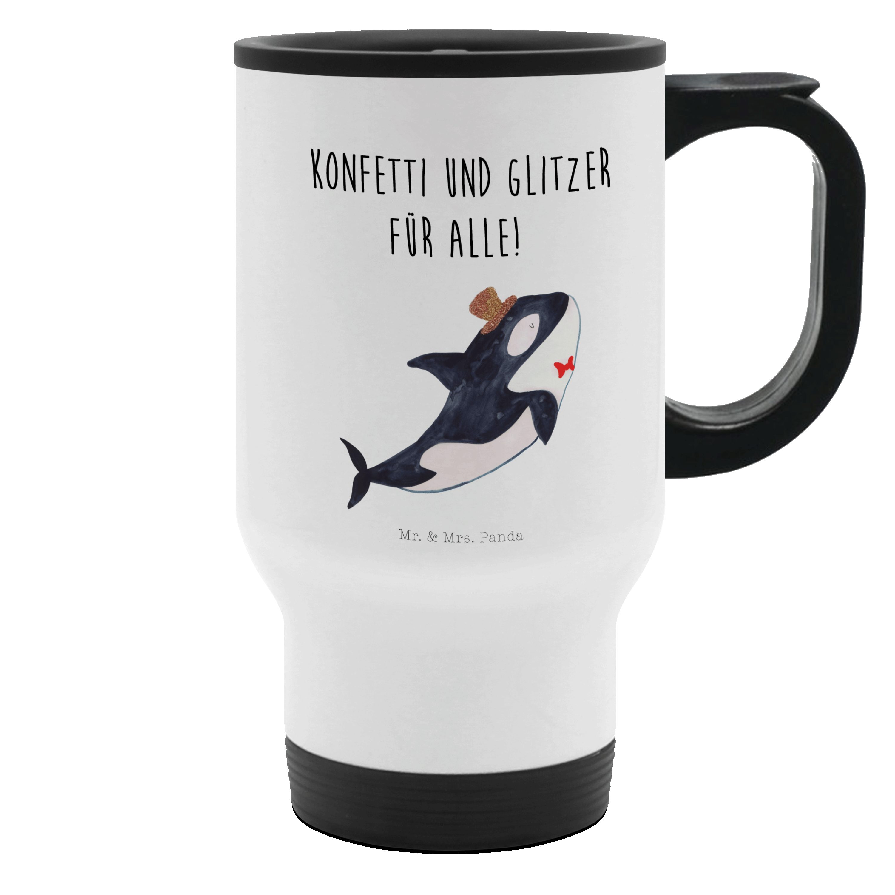 Mr. & Mrs. Panda Thermobecher Orca Zylinder, Isolierbecher, Weiß, Travel Mug, Fest, Thermobecher Au, 1-tlg., Edelstahl