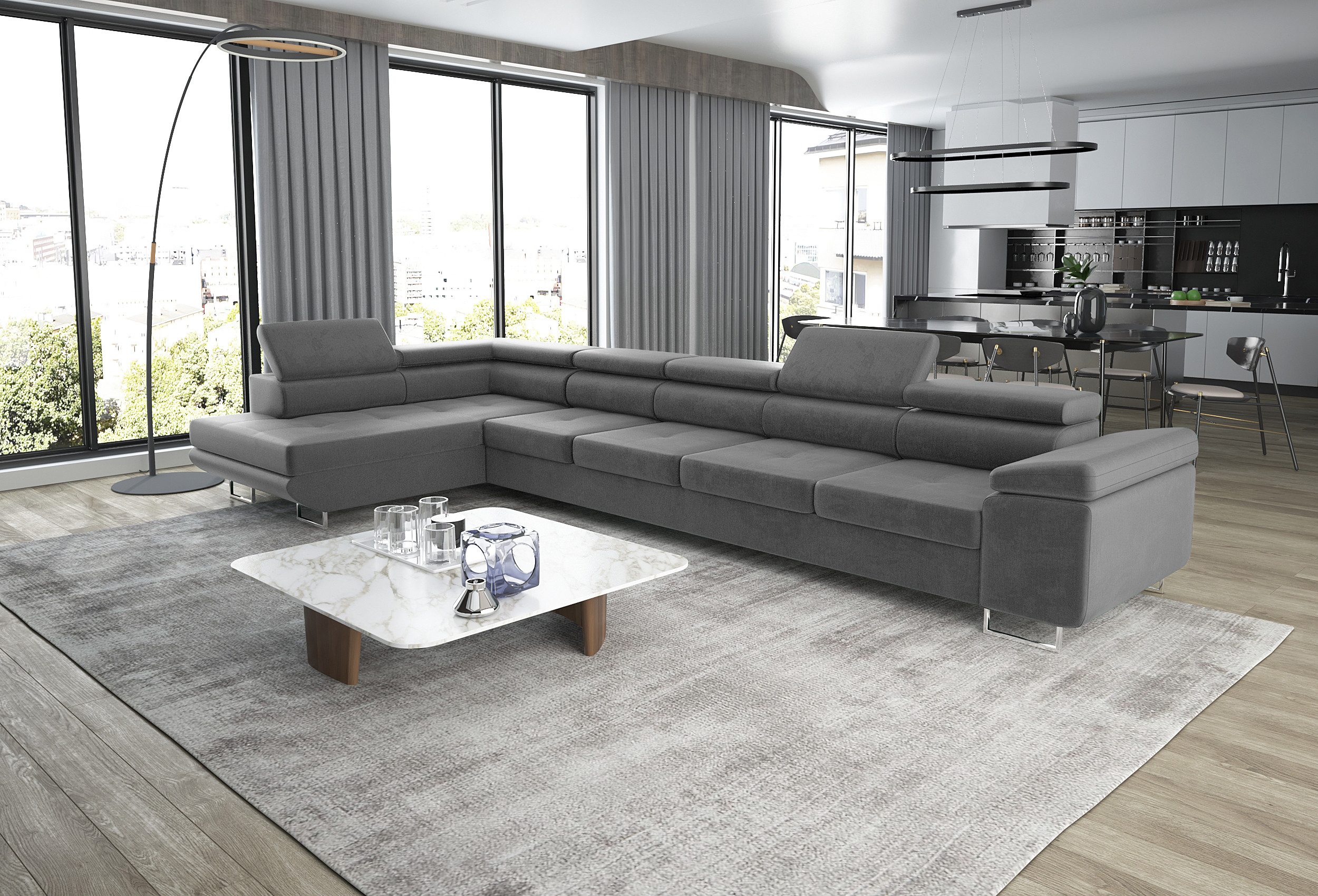 thematys Ecksofa ASTON MAXI 405 x 203cm mit Schlaffunktion & Bettkasten –, L-Sofa mit 5 verstellbaren Kopfstützen, Samt (Monolith), Cord (Poso) - L-Form, XL-Wohnlandschaft, 405 cm breit