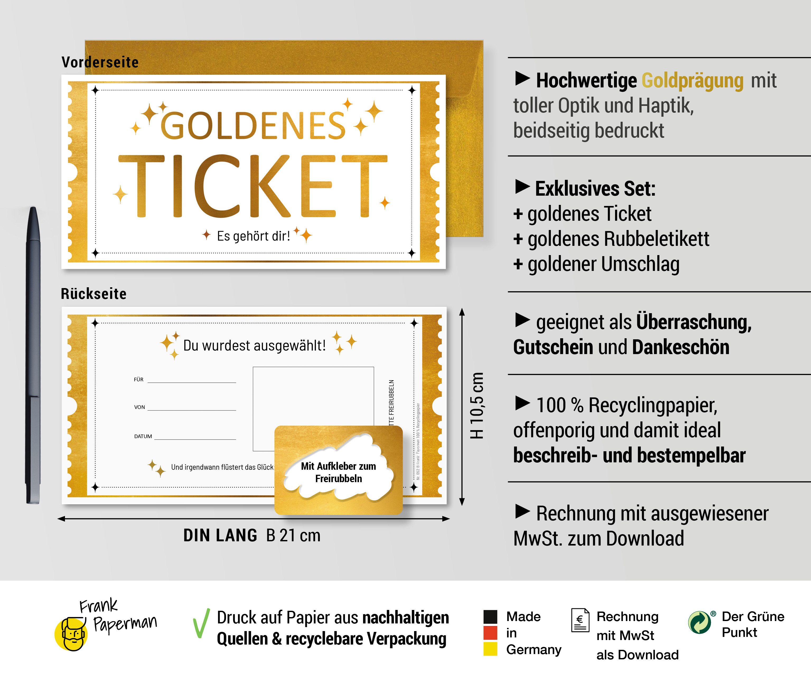 Frank Paperman Geschenkkarte Set Goldenes Ticket Gutschein mit Umschlag & Rubbelaufkleber, 100 % Recyclingpapier, hochwertige Rubbelkarten zum selber beschriften
