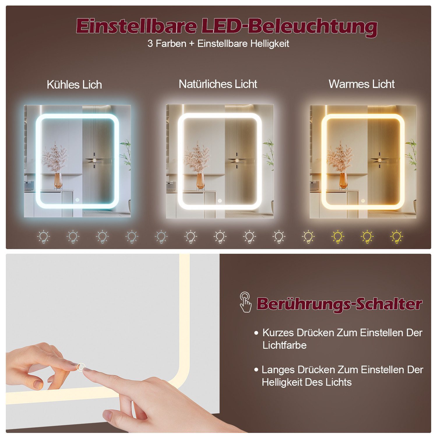 HOMALL Schminktisch mit dreifarbigen LED-Leuchten, Spiegeln und viel Stauraum (110 x 40 x 139 cm, mit 7 Schubladen und 8 Ablagefächern, schlicht und elegant) – Bild 5 von 5