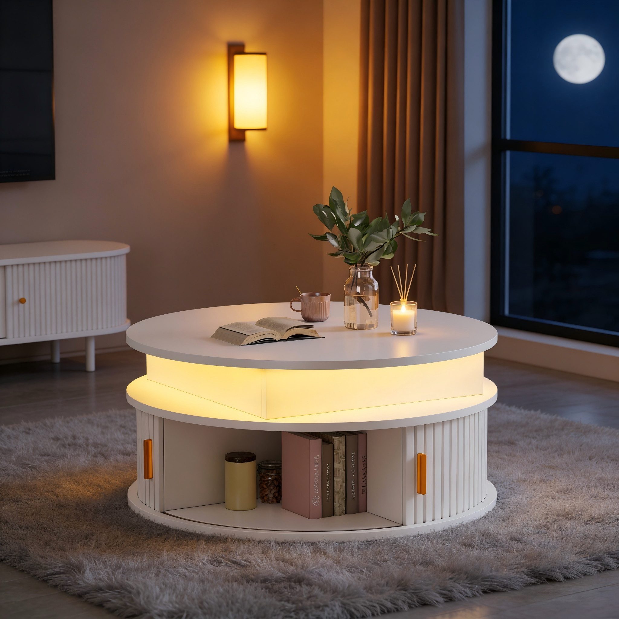 OKWISH Couchtisch 75x52x75 cm höhenverstellbar mit LED-Beleuchtung – rund (Packung, 1-St., mit zwei Rolltüren), Ein Weiß Tisch mit verstecktem Stauraum, Hochglanztisch