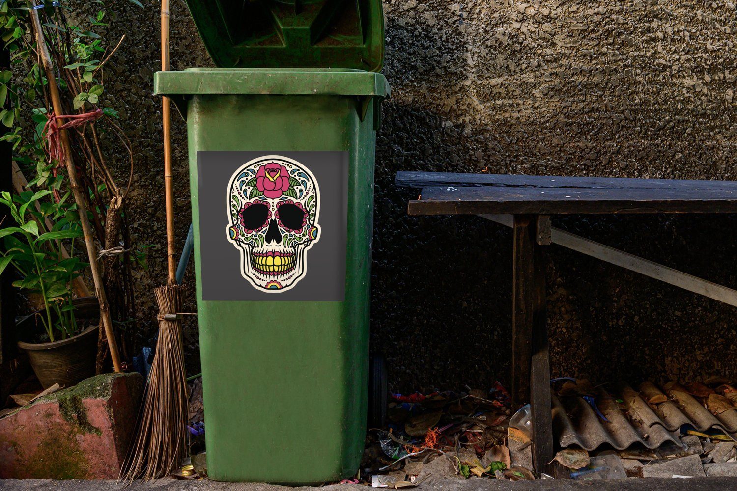 eines Mülltonne, Wandsticker Sticker, Eine Mülleimer-aufkleber, Container, Abfalbehälter Illustration Dias Muertos-Schädels (1 bunte Los St), MuchoWow De