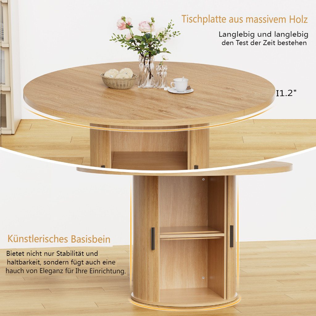 MECO Esstisch Küchentisch Esstisch Runder Ø120cm mit Schiebetüren und Stauraum (für 4 Personen), Bis 150kg, Stabil Esszimmertisch Holz für Esszimmer Wohnzimmer – Bild 3 von 5