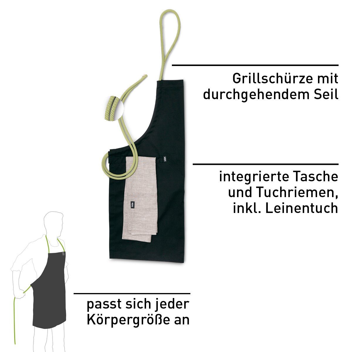 höfats Grillschürze, (größenverstellbar mit Tasche, Tuchriemen und inklusive Handtuch aus 100% Leinen, Grillschürze, Kochschürze für Männer und Frauen), inkl. Handtuch aus 100% Leinen