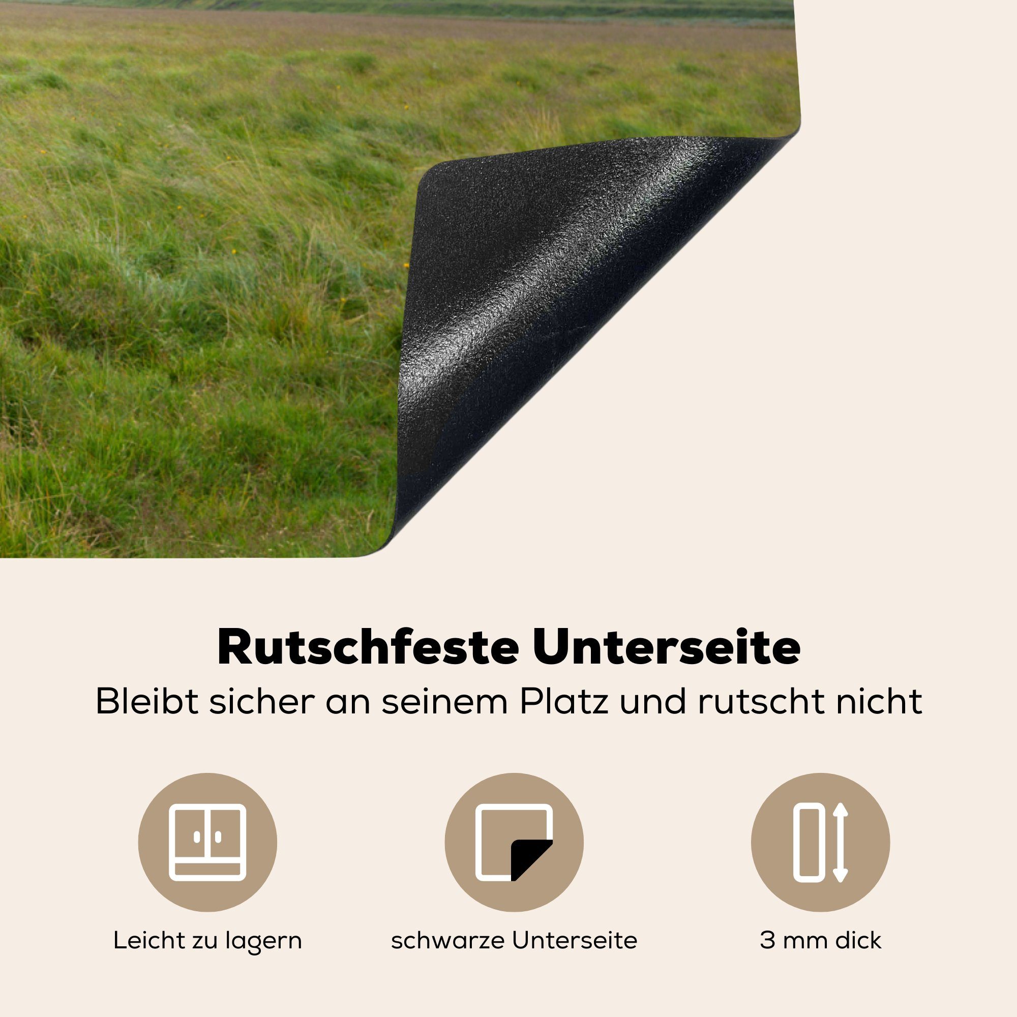 Schutz Berge, Herdblende-/Abdeckplatte - MuchoWow 81x52 küche, Vinyl, - für Gras die (1 Induktionskochfeld tlg), Pferde cm, Ceranfeldabdeckung