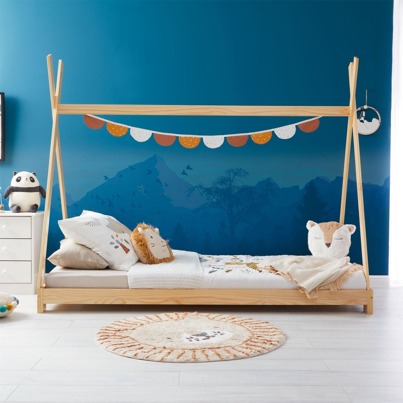 IDIMEX Kinderbett ELIN, Tipibett Bett aus Dach Tipi natur Zeltbett mit Kiefe Zelt Hausbett Spielbett