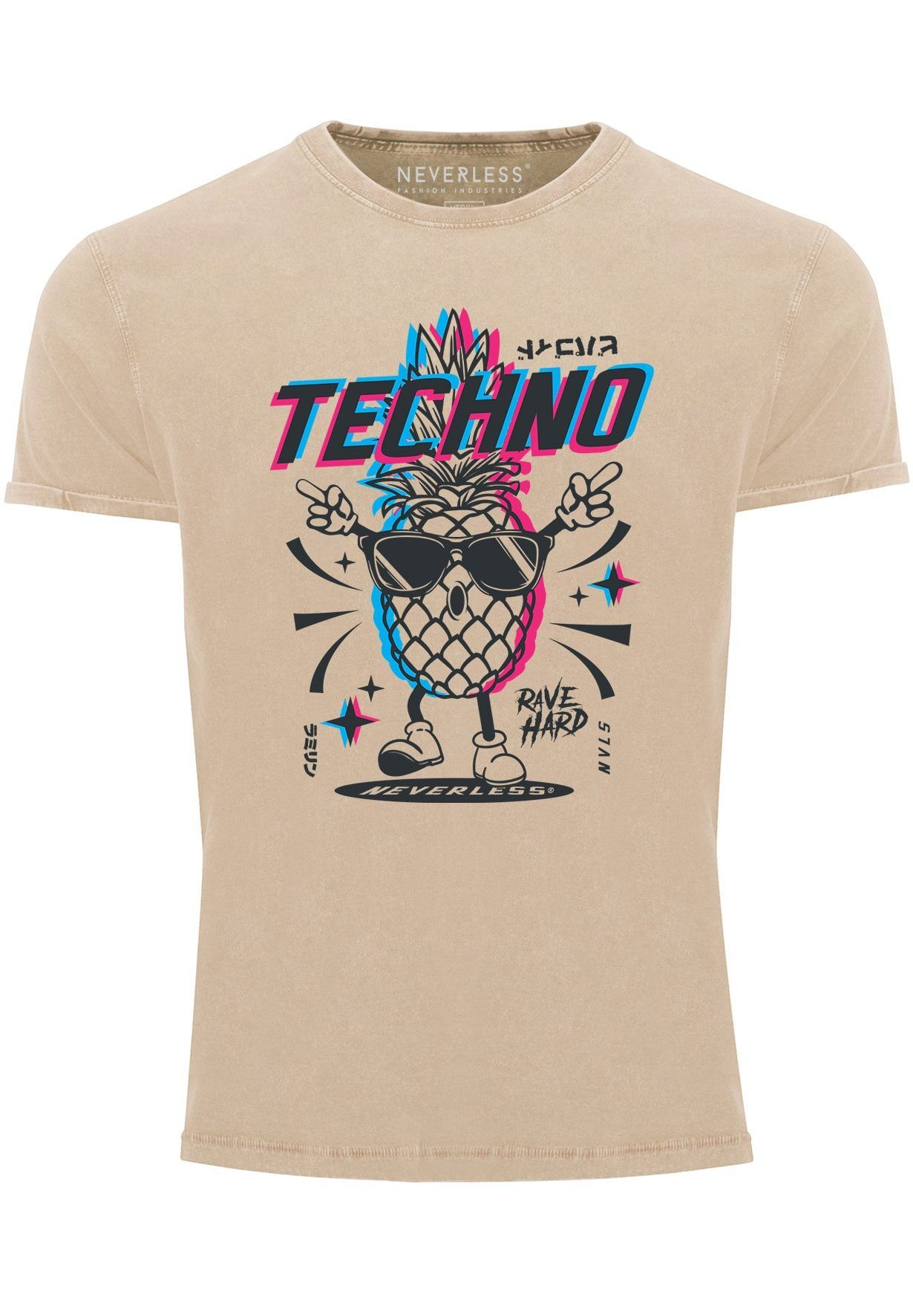 Neverless Print-Shirt Herren Vintage Shirt Techno Tanzen Lustig Ananas Rave Party Printshirt mit Print natur