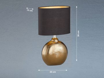 meineWunschleuchte LED Nachttischlampe, LED wechselbar, Warmweiß, Lampen-Fuß Keramik Bronze, Lampenschirm oval Schwarz Gold, 39cm klein