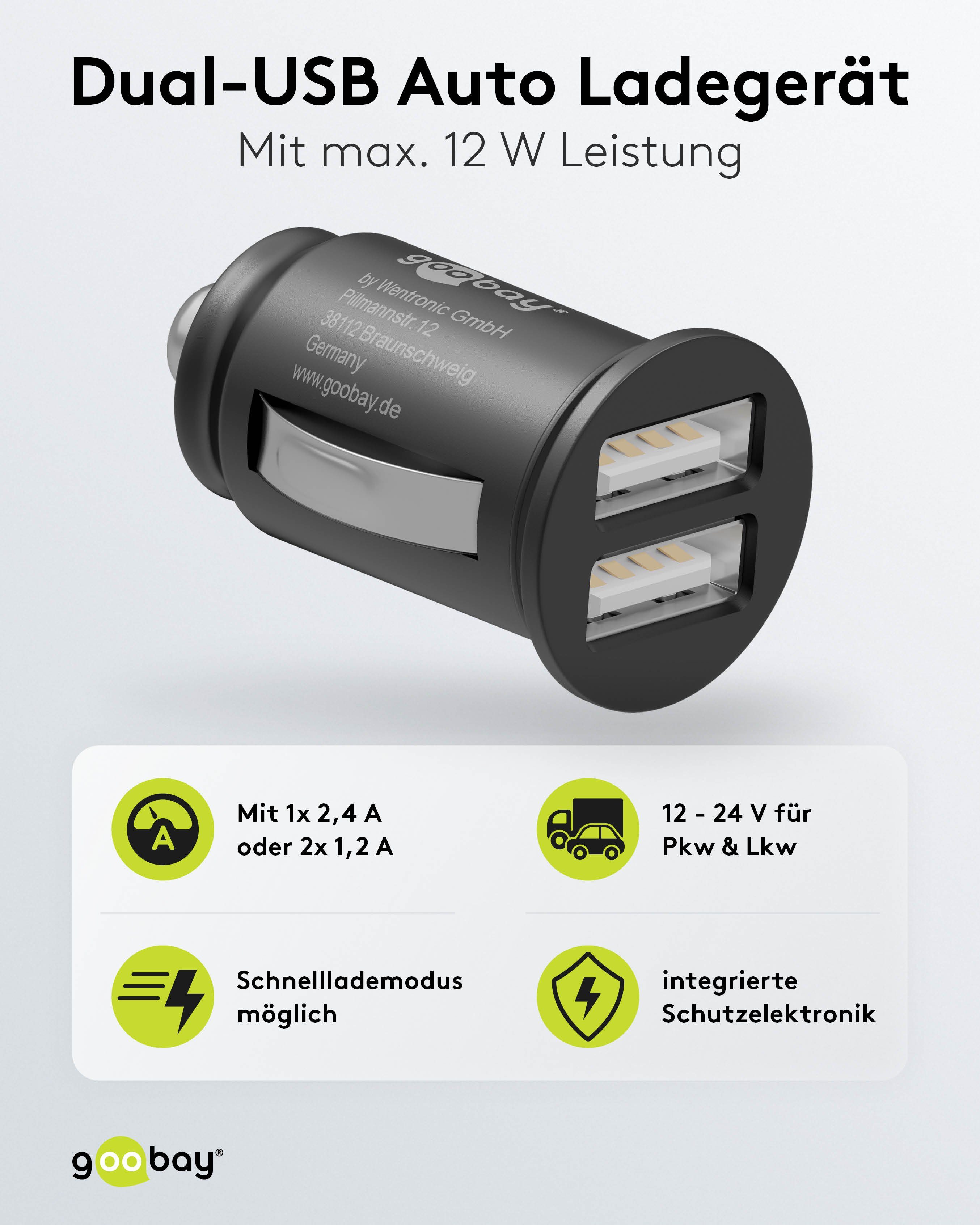 Goobay Dual USB Auto Ladegerät KFZ-Adapter Kfz Zigarettenanzünder-Stecker zu USB Typ A, kompakte Bauform / 2-fach Port / lädt 2 Geräte gleichzeitig