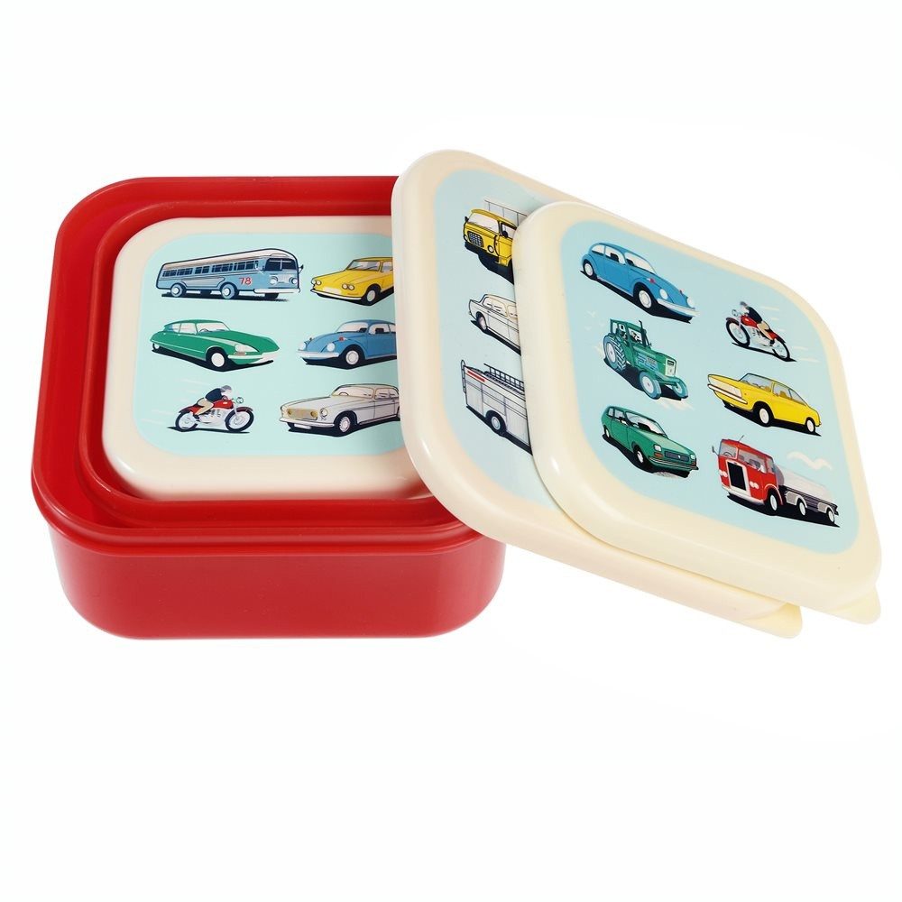 Rex London Lunchbox Snack Box 3er Set Road Trip Fahrzeuge Autos, Kunststoff, BPA-frei, (Set, 3-tlg., ca. 11,5 x 11,5 x 5,5 cm (große Box), jede Box mit eigenem Design, passt genau in den größeren Behälter
