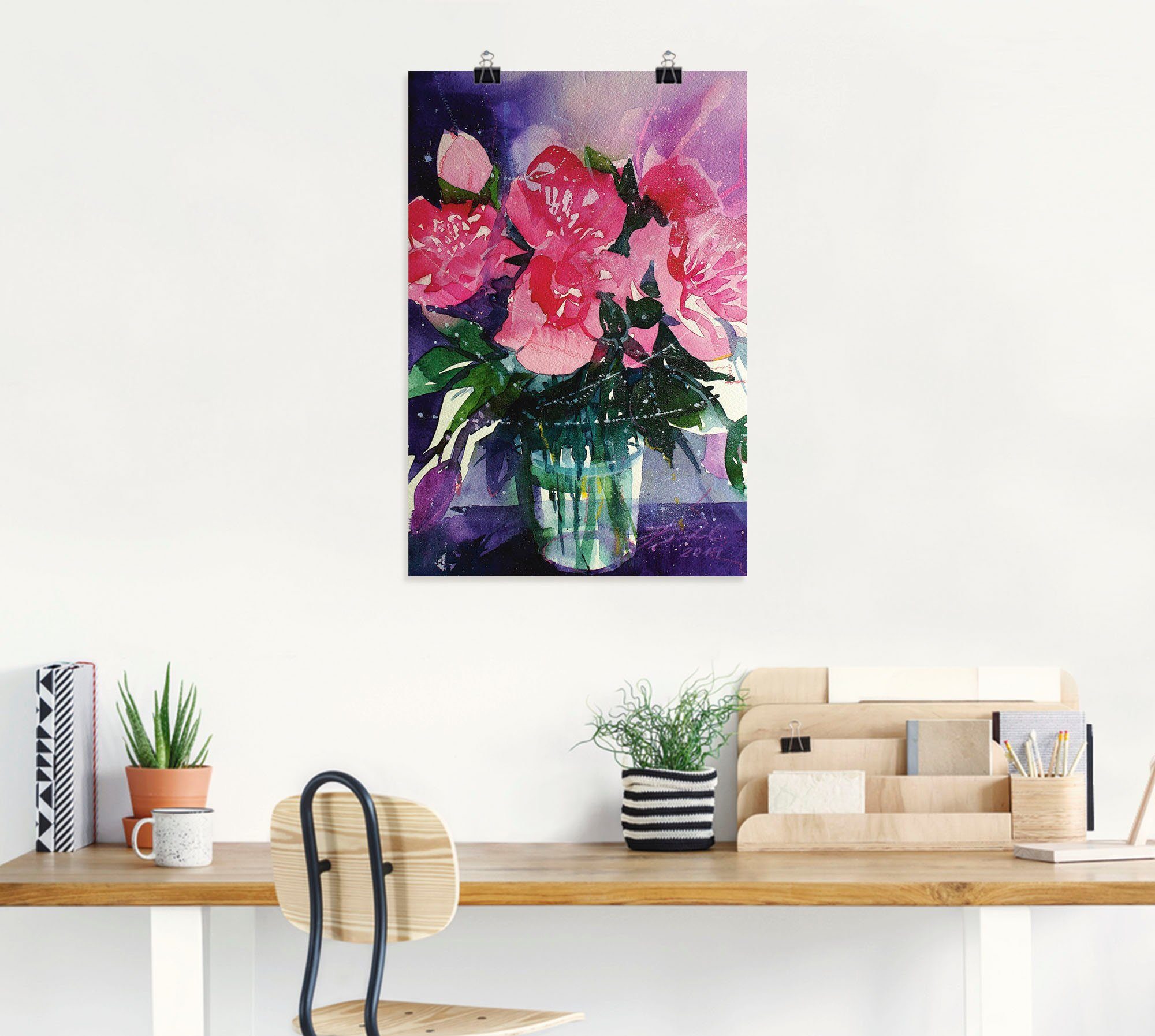 Rosa (1 in Glasvase, Wandbild in Blumenbilder Pfingstrosen Alubild, als Leinwandbild, Poster St), Größen Wandaufkleber versch. oder Artland
