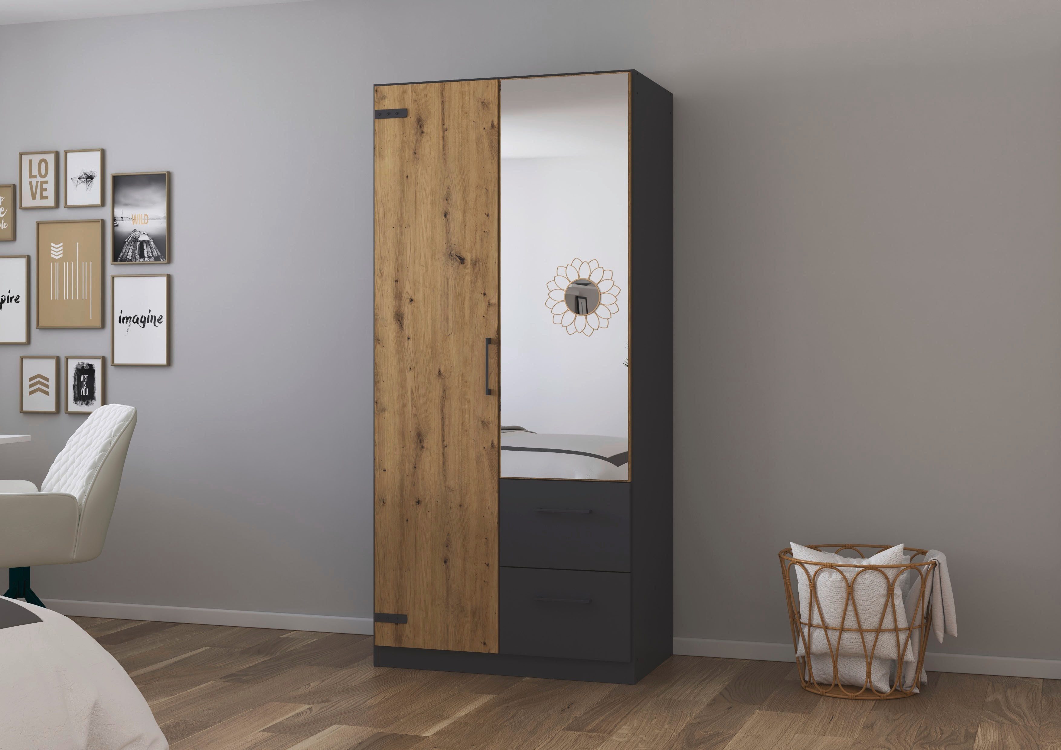 rauch Drehtürenschrank Holmes im Industrial Style, mit Schubkästen, mit oder ohne Spiegel