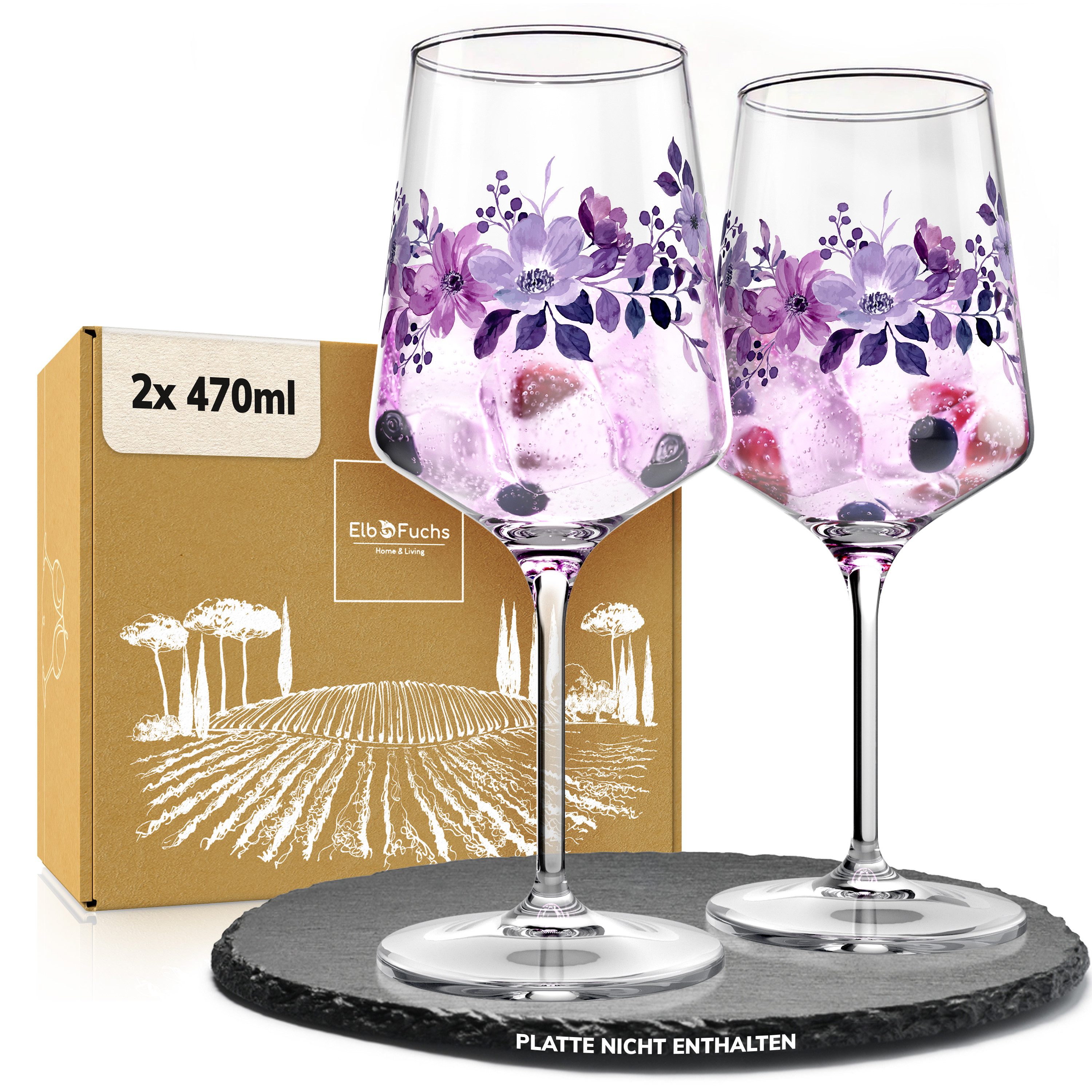 ElbFuchs Aperitifglas Violet Veil mit Blütenmotiv, 2-tlg., Borosilikatglas, 470 ml, Spülmaschinenfest