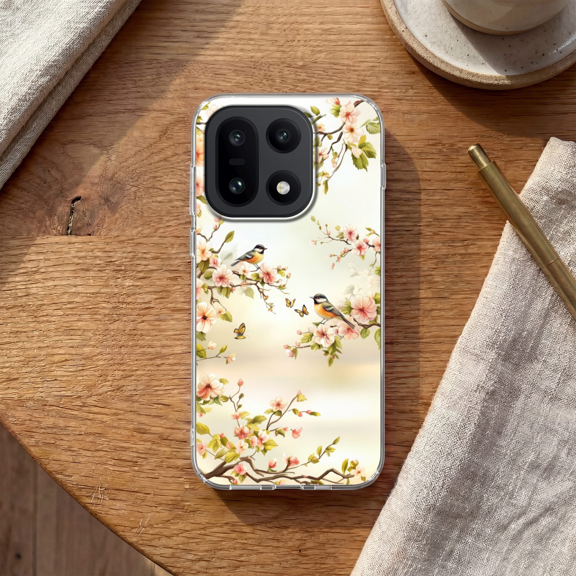 MuchoWow Handyhülle für OnePlus 15 Äste - Blumen - Vögel - Rosa, Phone Case, Silikon, Schutzhülle Dünn
