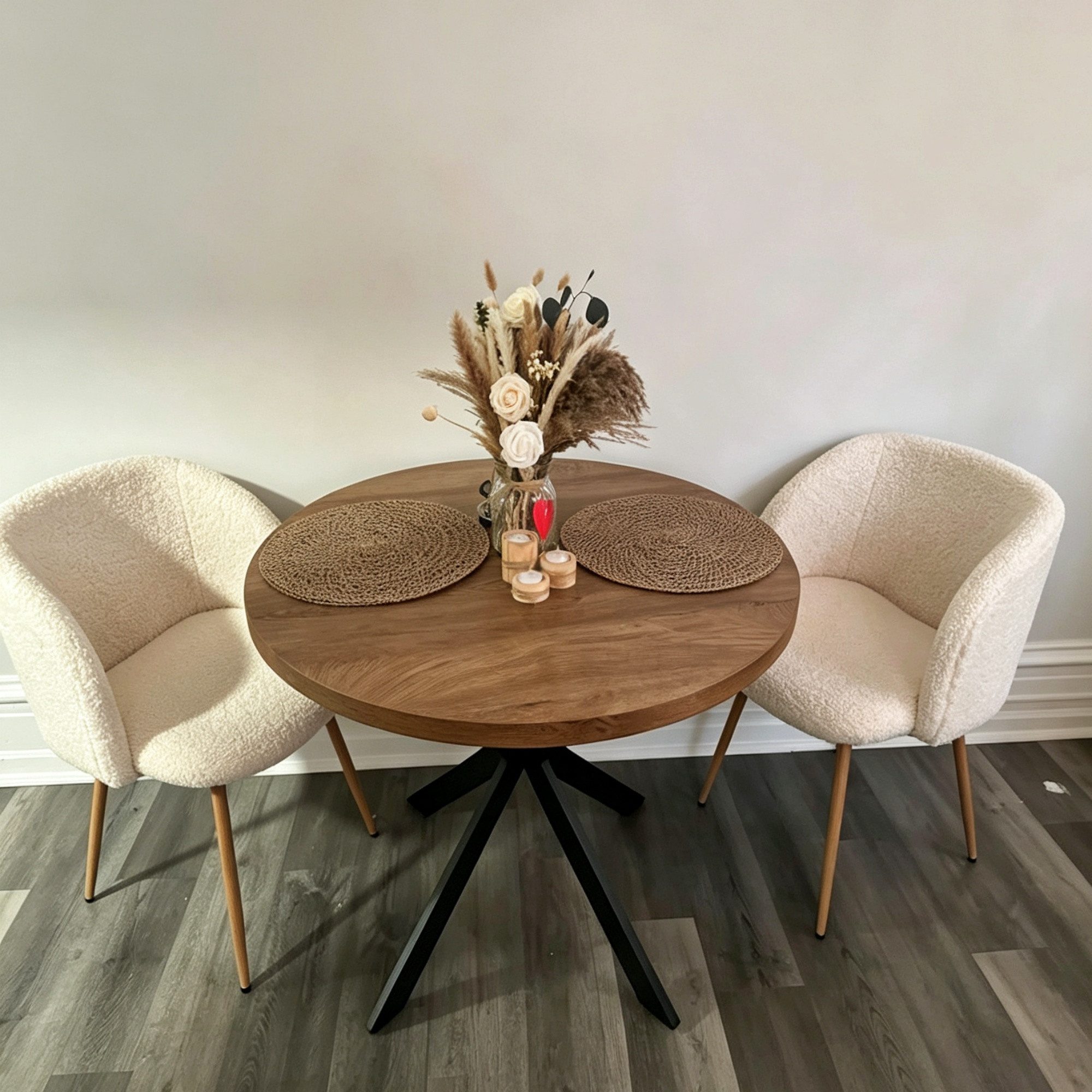 NORDICANA Essgruppe runder Esstisch Ø 95 cm mit Esszimmerstuhl, (3-tlg., 1 Esstisch und 2 Küchenstühle)