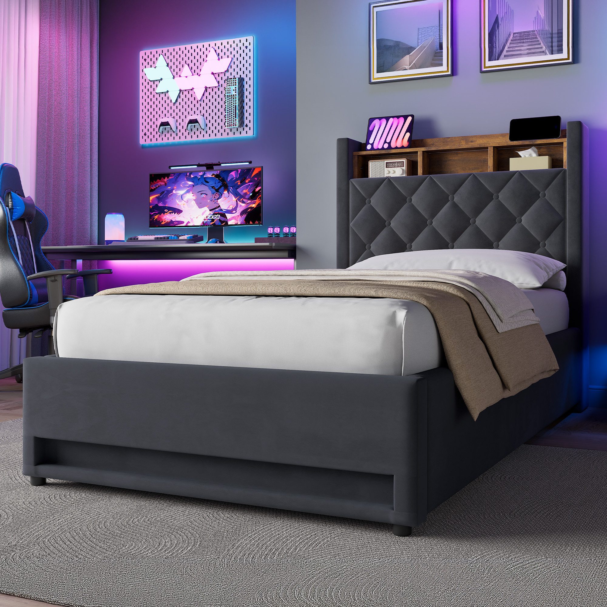 HAUSS SPOLE Polsterbett Jugendbett mit Stauraum,als Einzelbett-oder Doppelbett erhältlich (Einzelbett mit Lattenrost Ohne Matratze), 90x200 Jugendbett