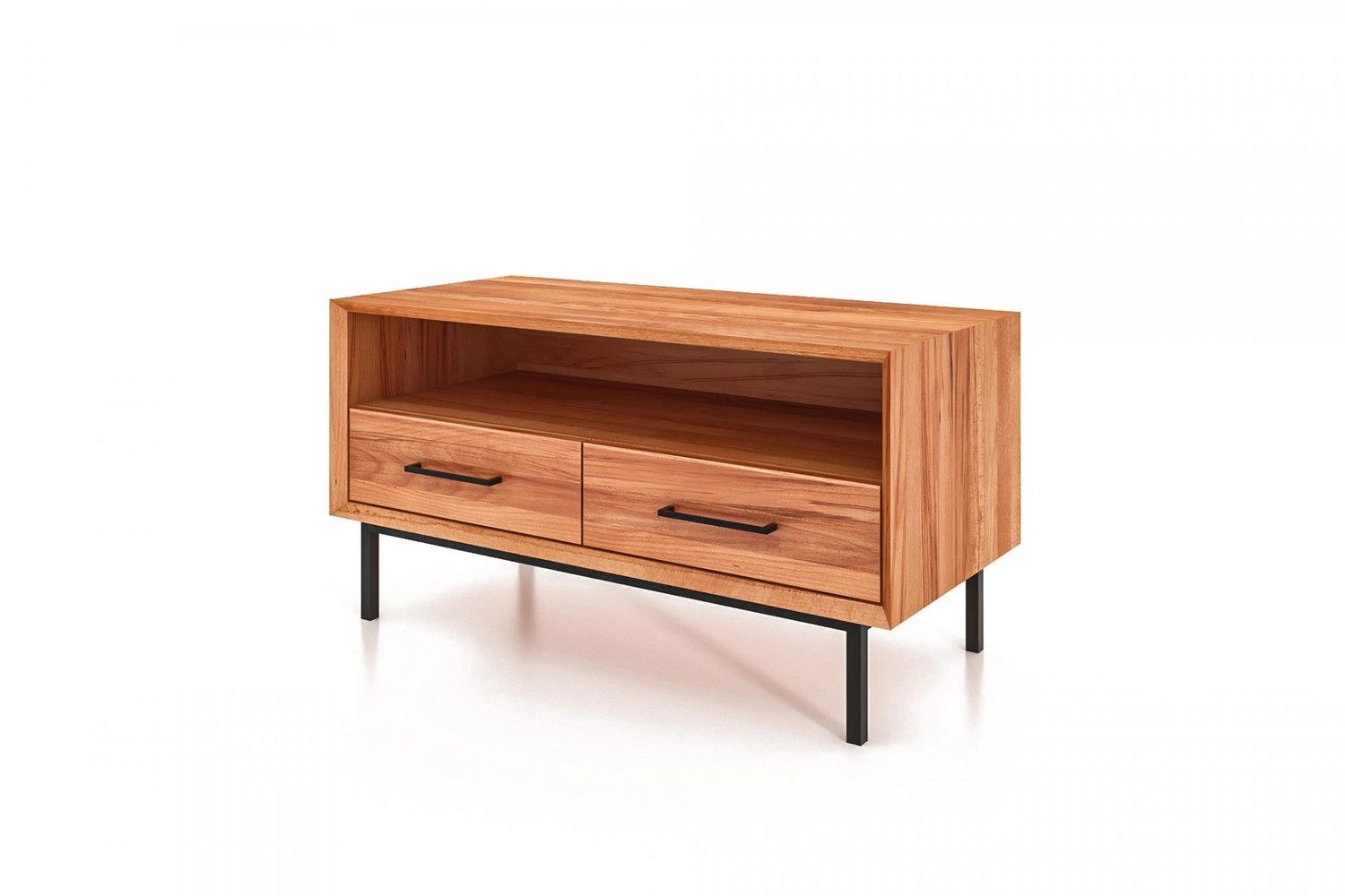 Natur24 Lowboard TV-Board Seiba Kernbuche 90x45x50 Metallbeine 2 Schubladen 1 Fach