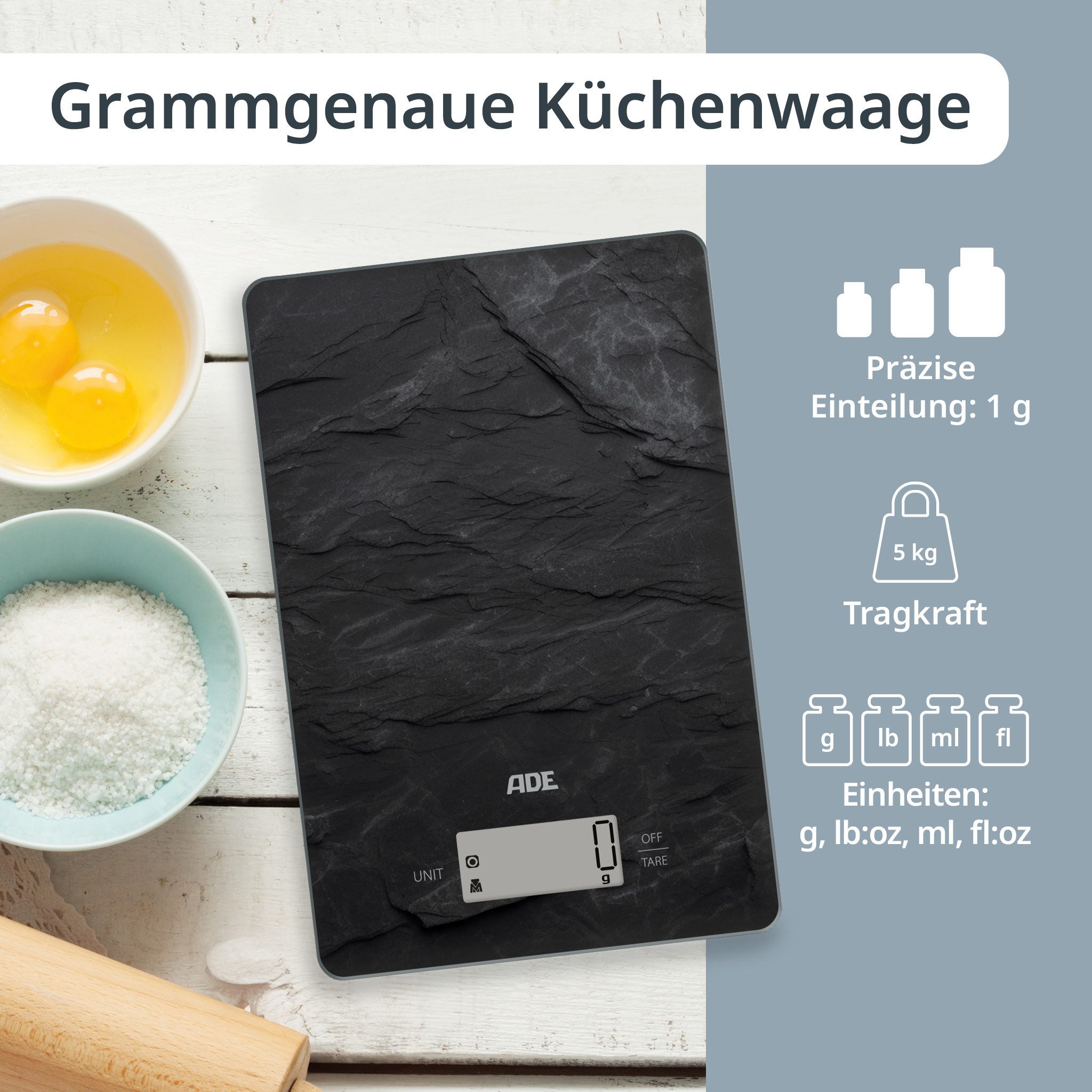ADE Küchenwaage digital, präzise Grammwaage bis 5kg mit großem Display, extra flache Bauart, mit Öse zum Aufhängen